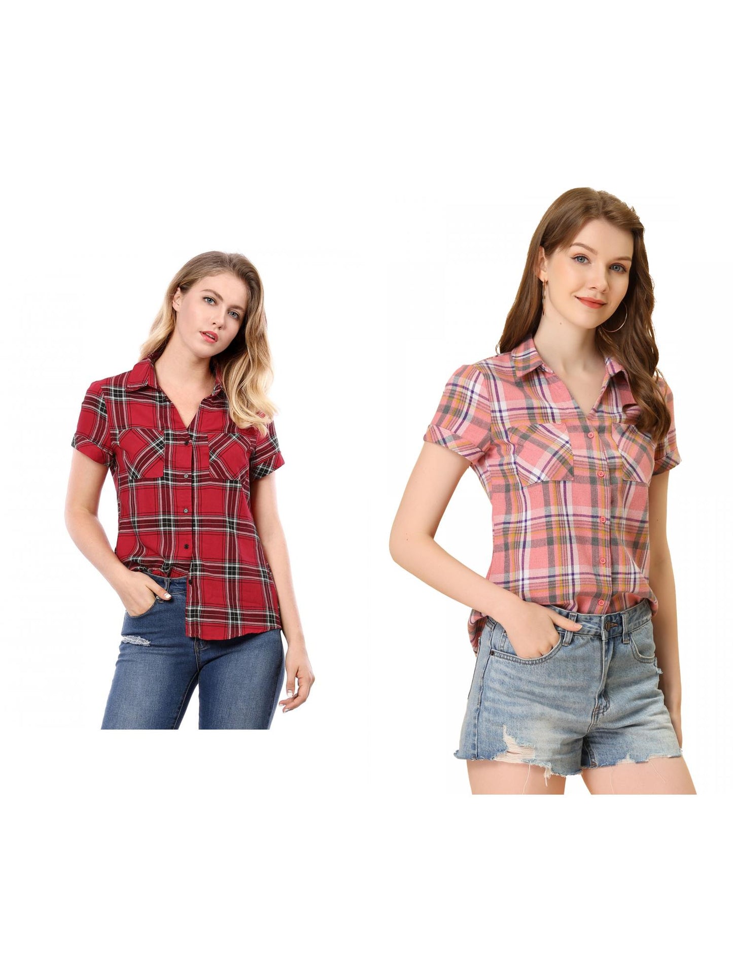 [PACK SALES] Women's 2 Pieces Button Front Short Sleeves Plaid Shirt