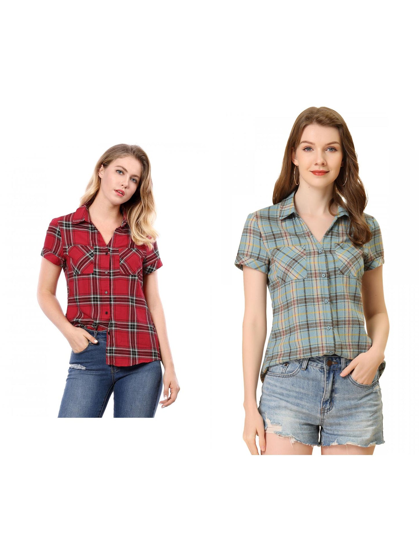 [PACK SALES] Women's 2 Pieces Button Front Short Sleeves Plaid Shirt
