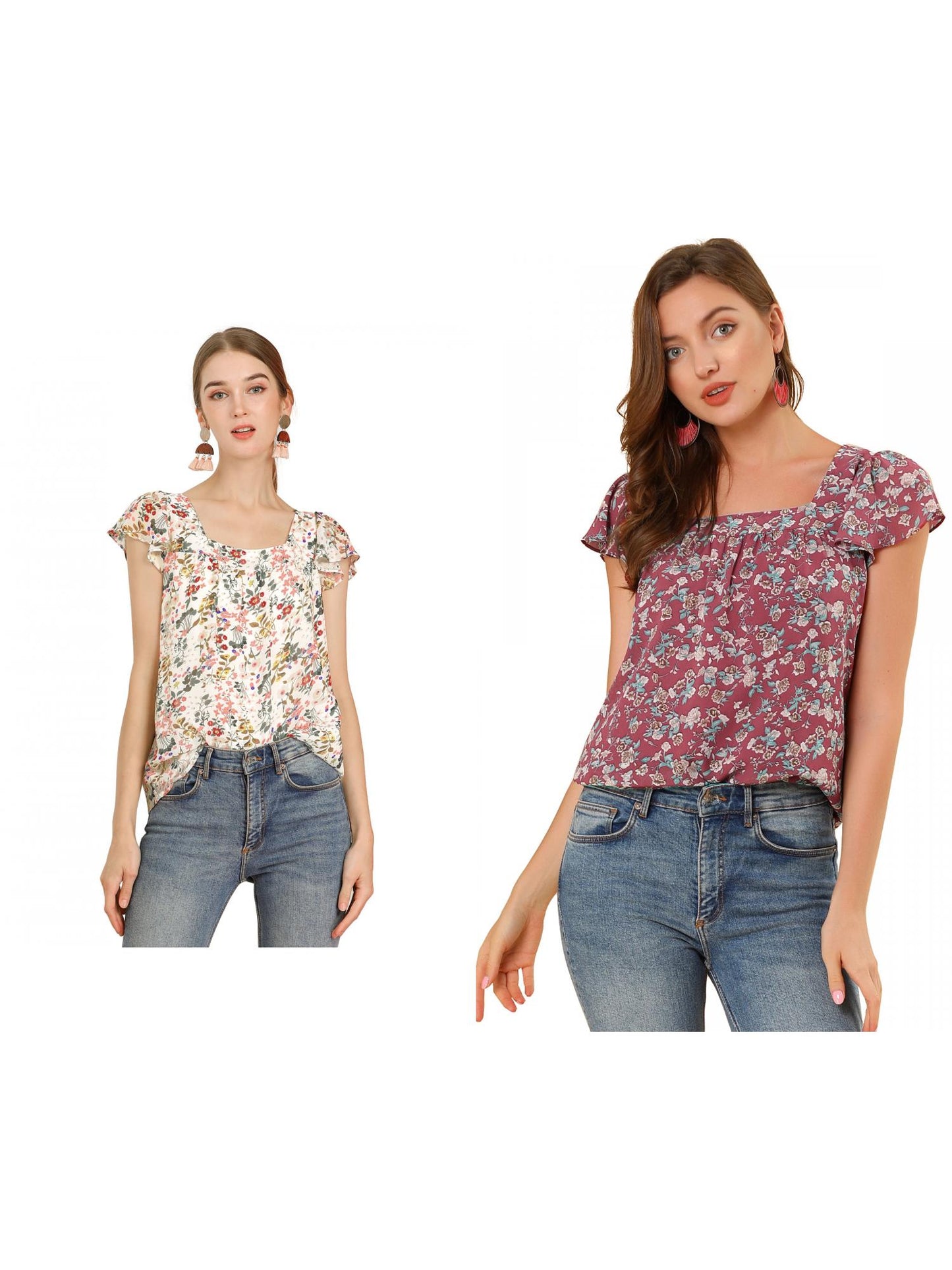 [PACK SALES] Women's 2 Pieces Short Sleeve Square Neck Ruffled Floral Chiffon Blouse