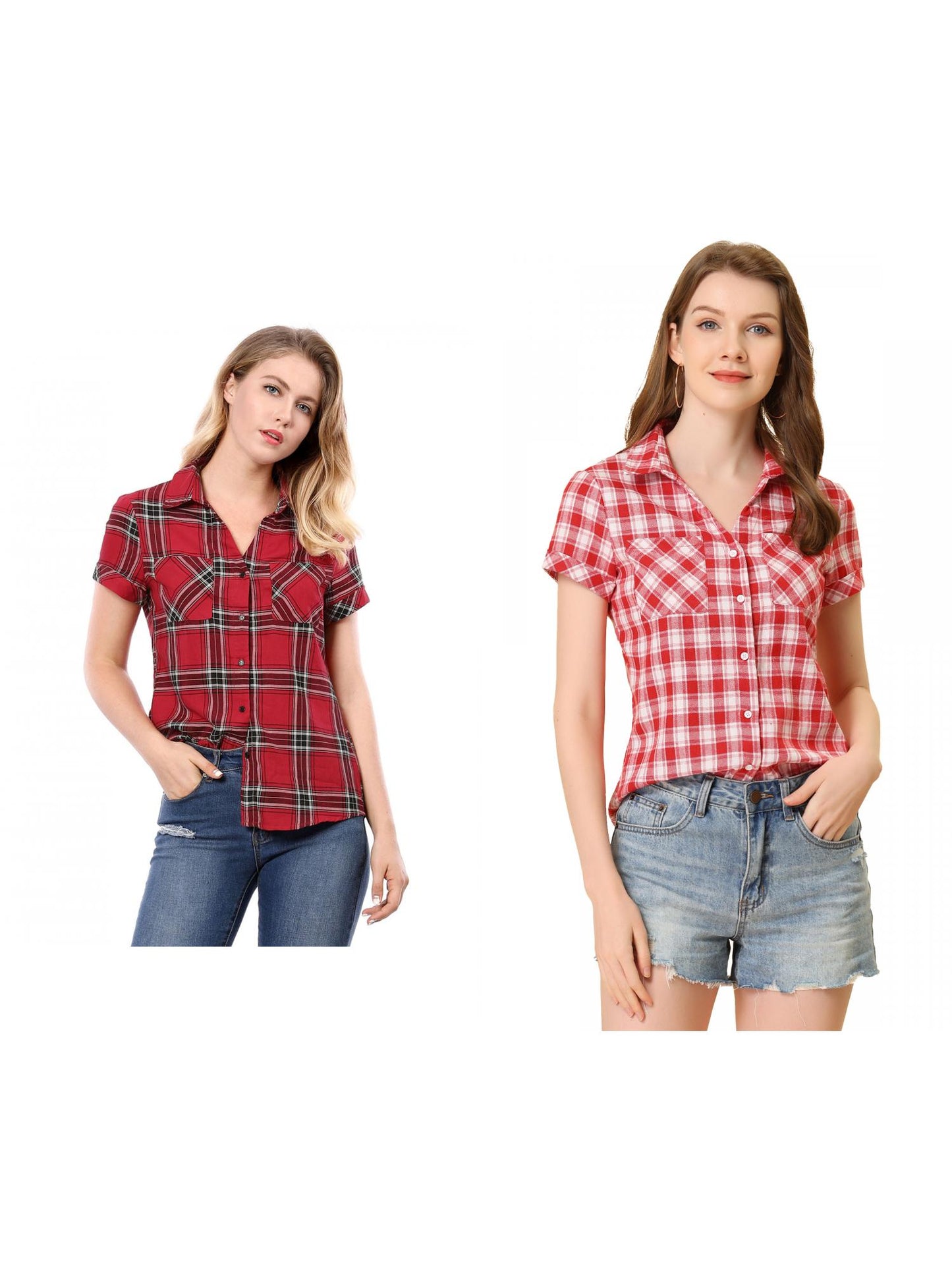 [PACK SALES] Women's 2 Pieces Button Front Short Sleeves Plaid Shirt