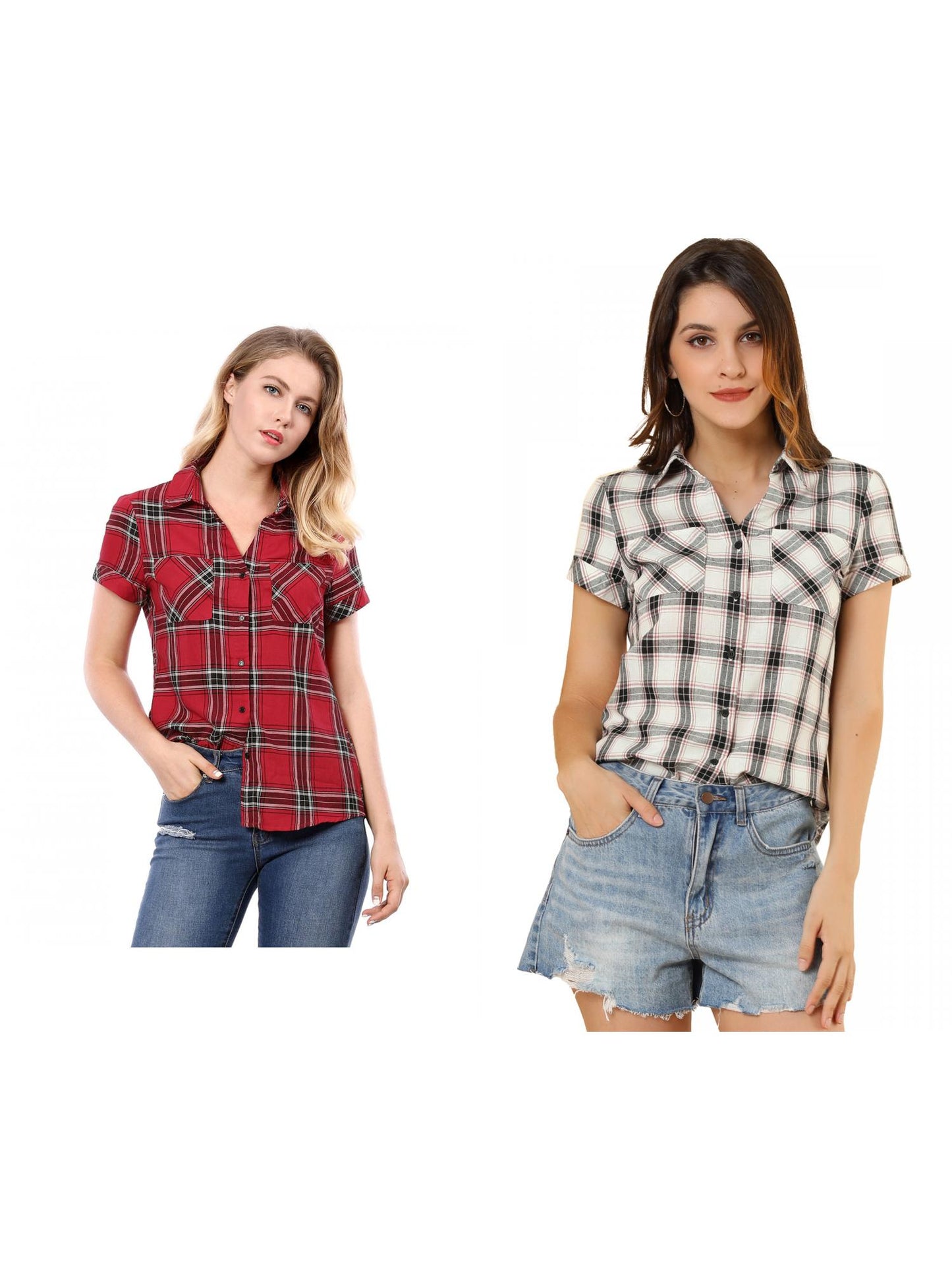 [PACK SALES] Women's 2 Pieces Button Front Short Sleeves Plaid Shirt
