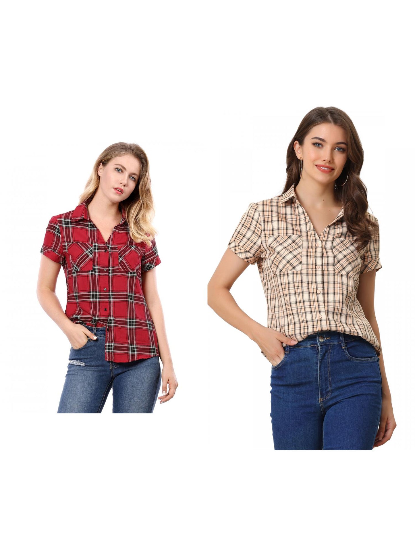 [PACK SALES] Women's 2 Pieces Button Front Short Sleeves Plaid Shirt