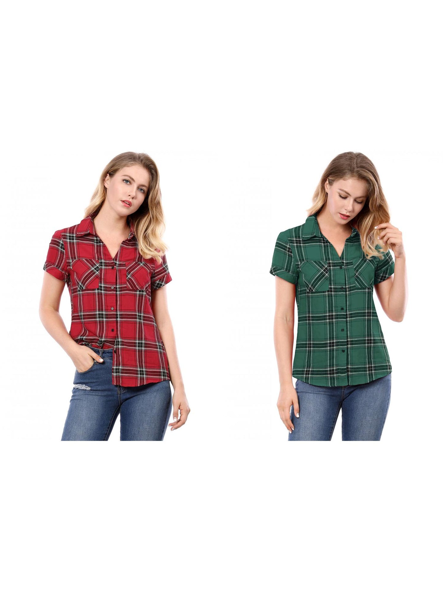 [PACK SALES] Women's 2 Pieces Button Front Short Sleeves Plaid Shirt
