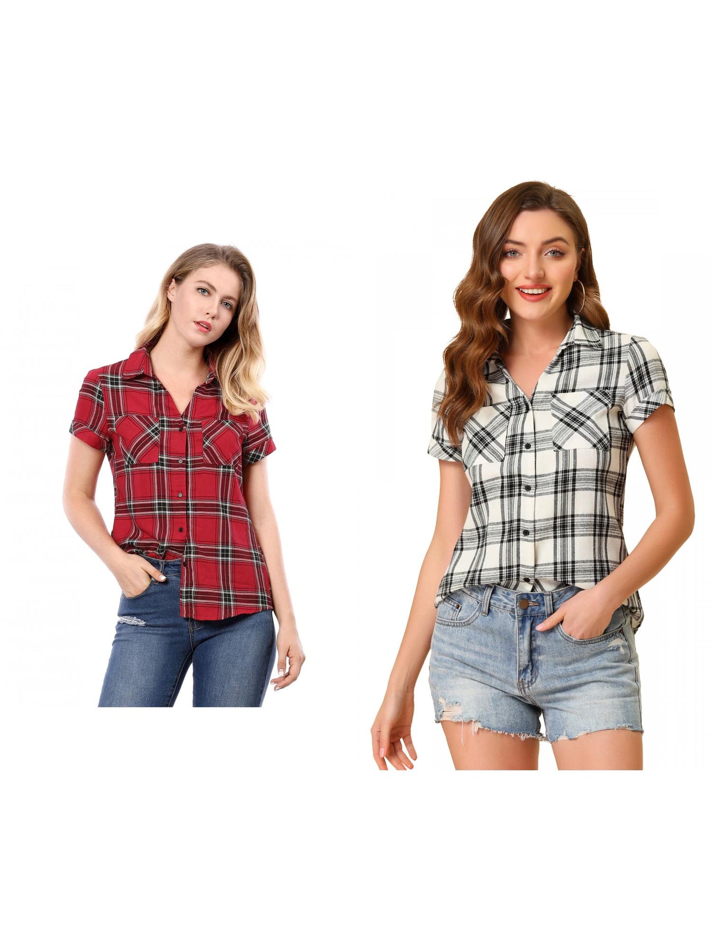 [PACK SALES] Women's 2 Pieces Button Front Short Sleeves Plaid Shirt
