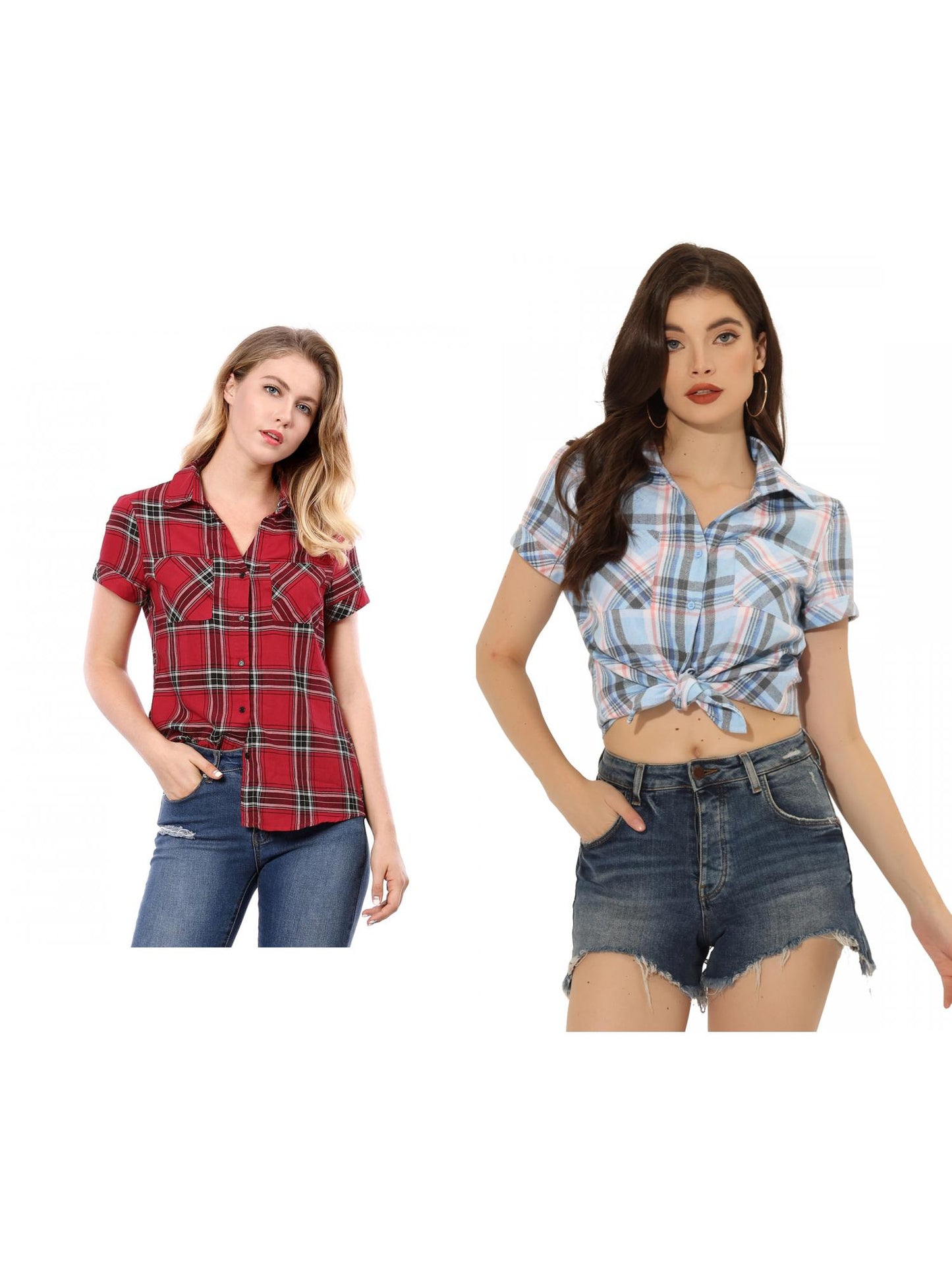 [PACK SALES] Women's 2 Pieces Button Front Short Sleeves Plaid Shirt