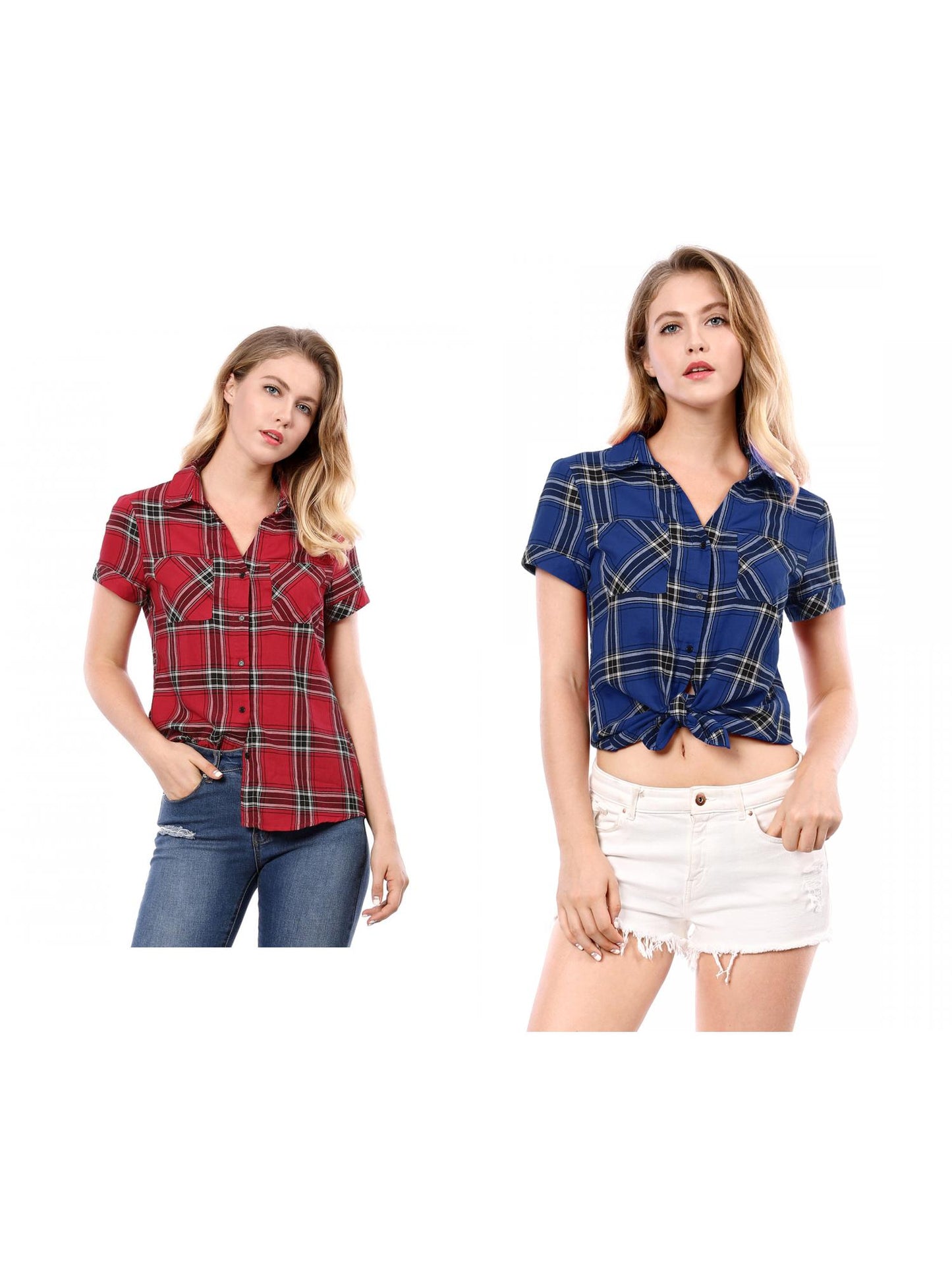 [PACK SALES] Women's 2 Pieces Button Front Short Sleeves Plaid Shirt