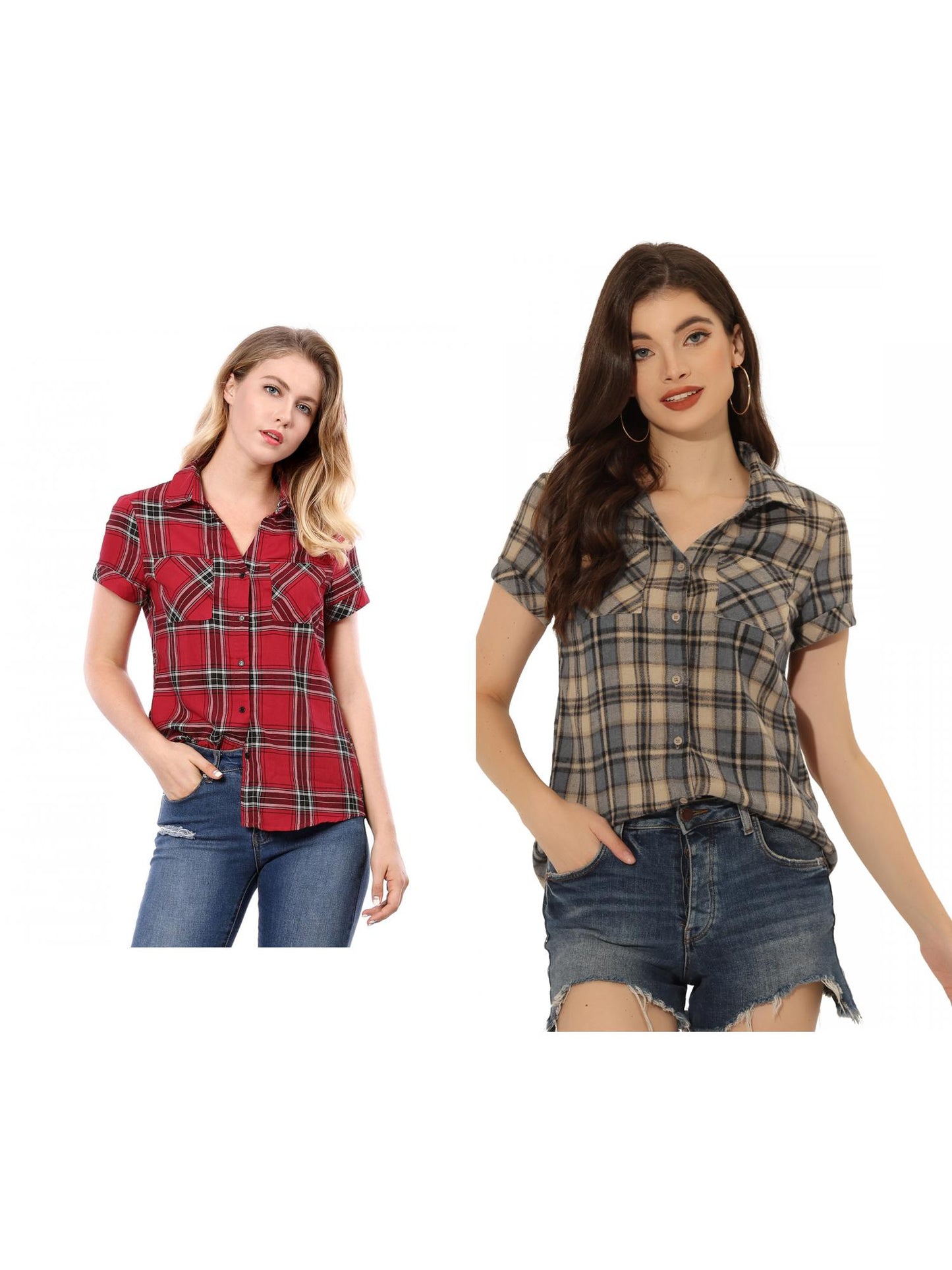 [PACK SALES] Women's 2 Pieces Button Front Short Sleeves Plaid Shirt