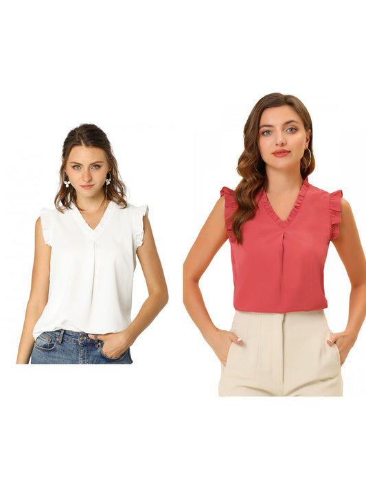 [PACK SALES] Women's 2 Pieces Ruffled Sleeveless Pullover V-Neck Work Blouses