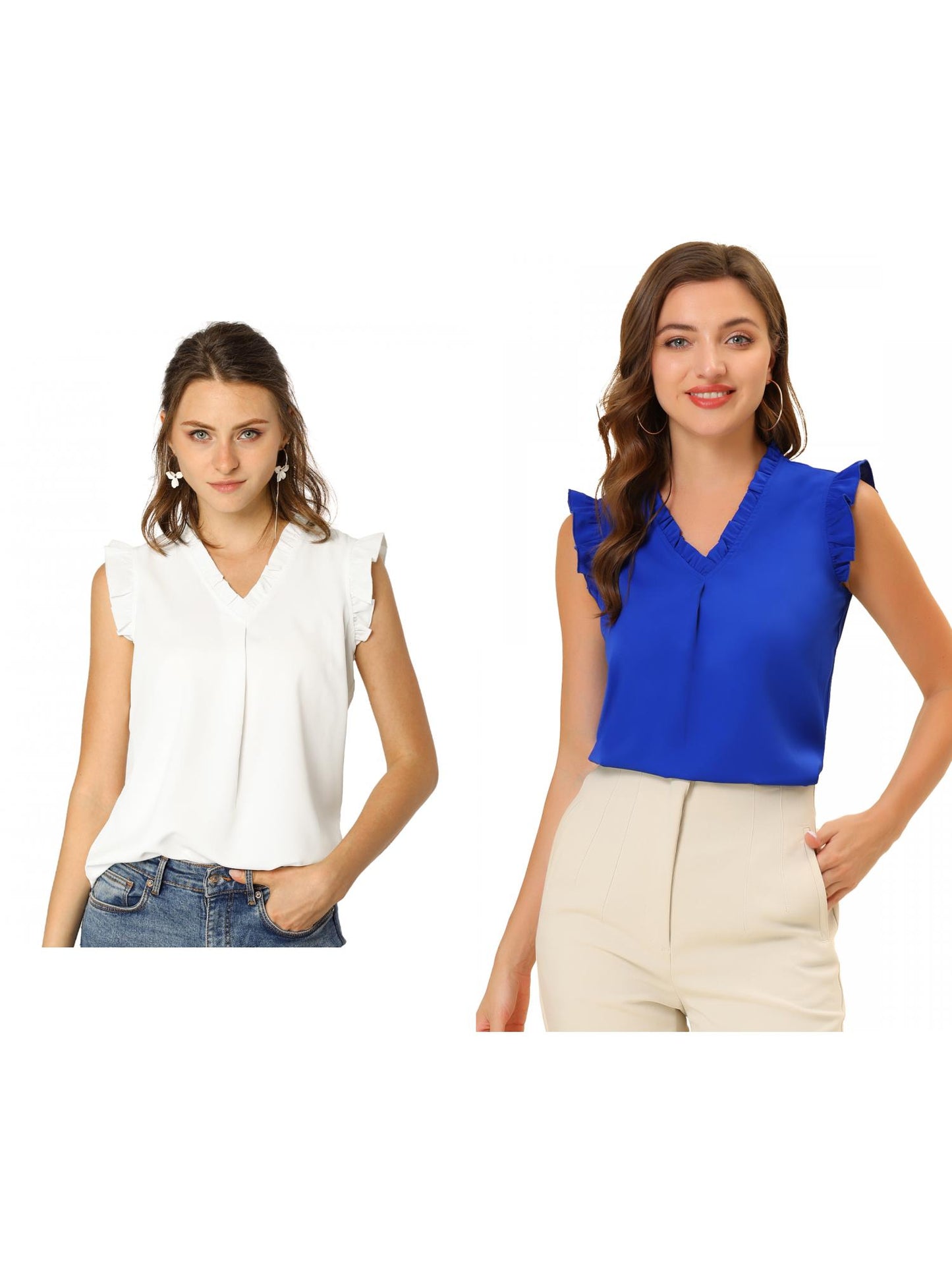 [PACK SALES] Women's 2 Pieces Ruffled Sleeveless Pullover V-Neck Work Blouses