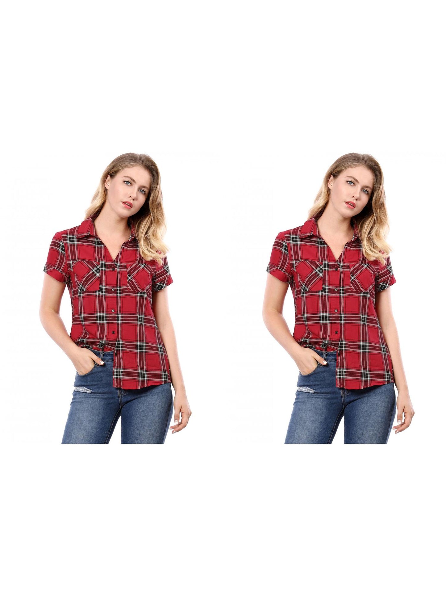 [PACK SALES] Women's 2 Pieces Button Front Short Sleeves Plaid Shirt