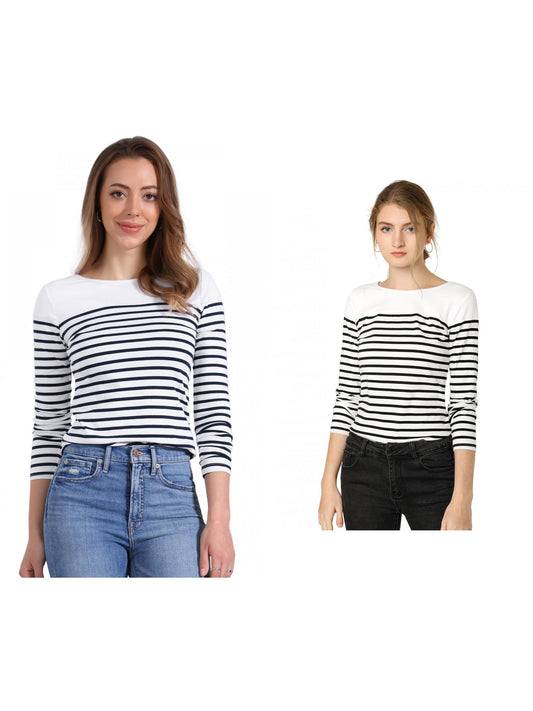 [PACK SALES] Women's 2 Pieces Color Block Long Sleeve Striped Causal T-Shirt