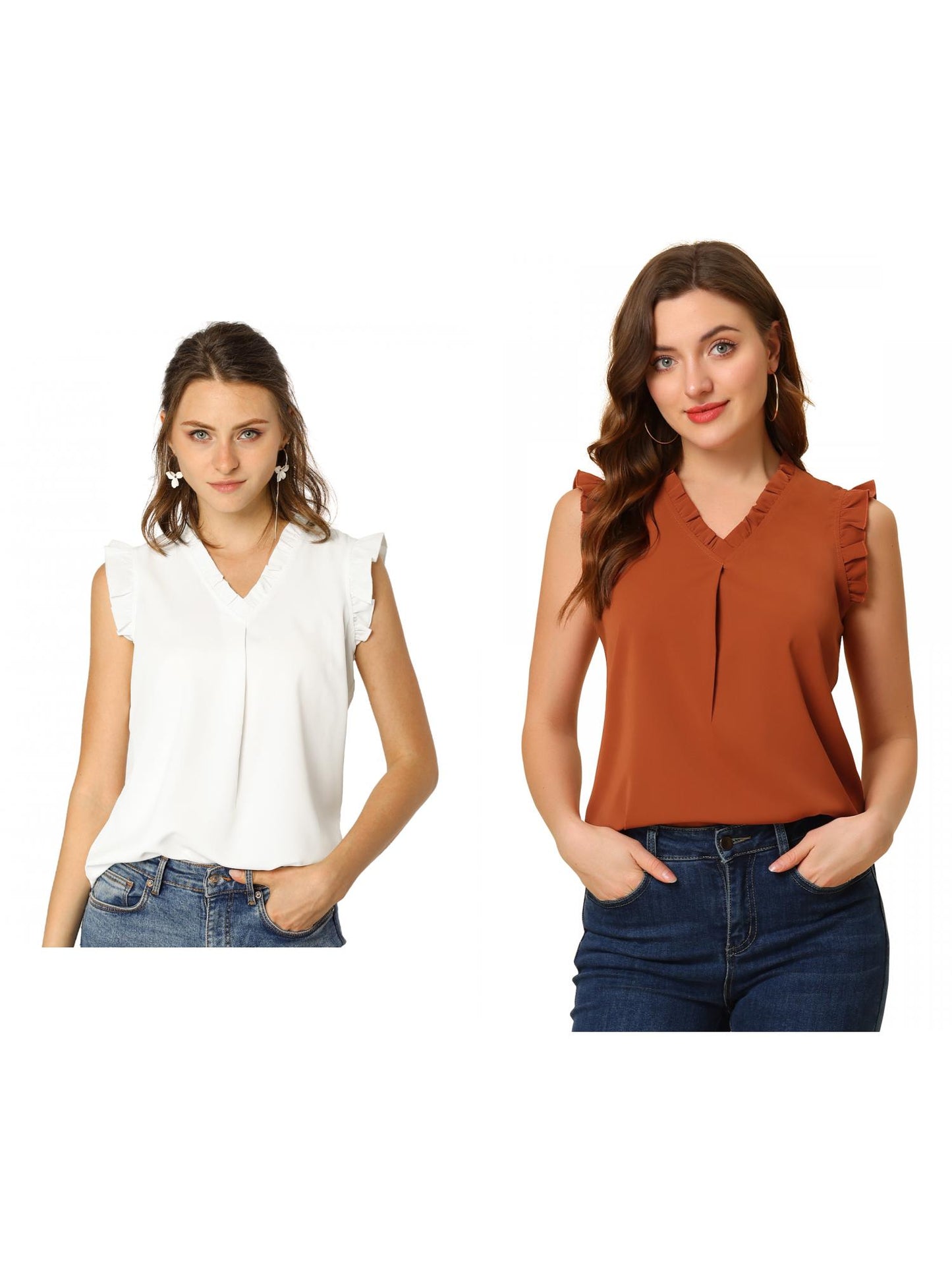 [PACK SALES] Women's 2 Pieces Ruffled Sleeveless Pullover V-Neck Work Blouses