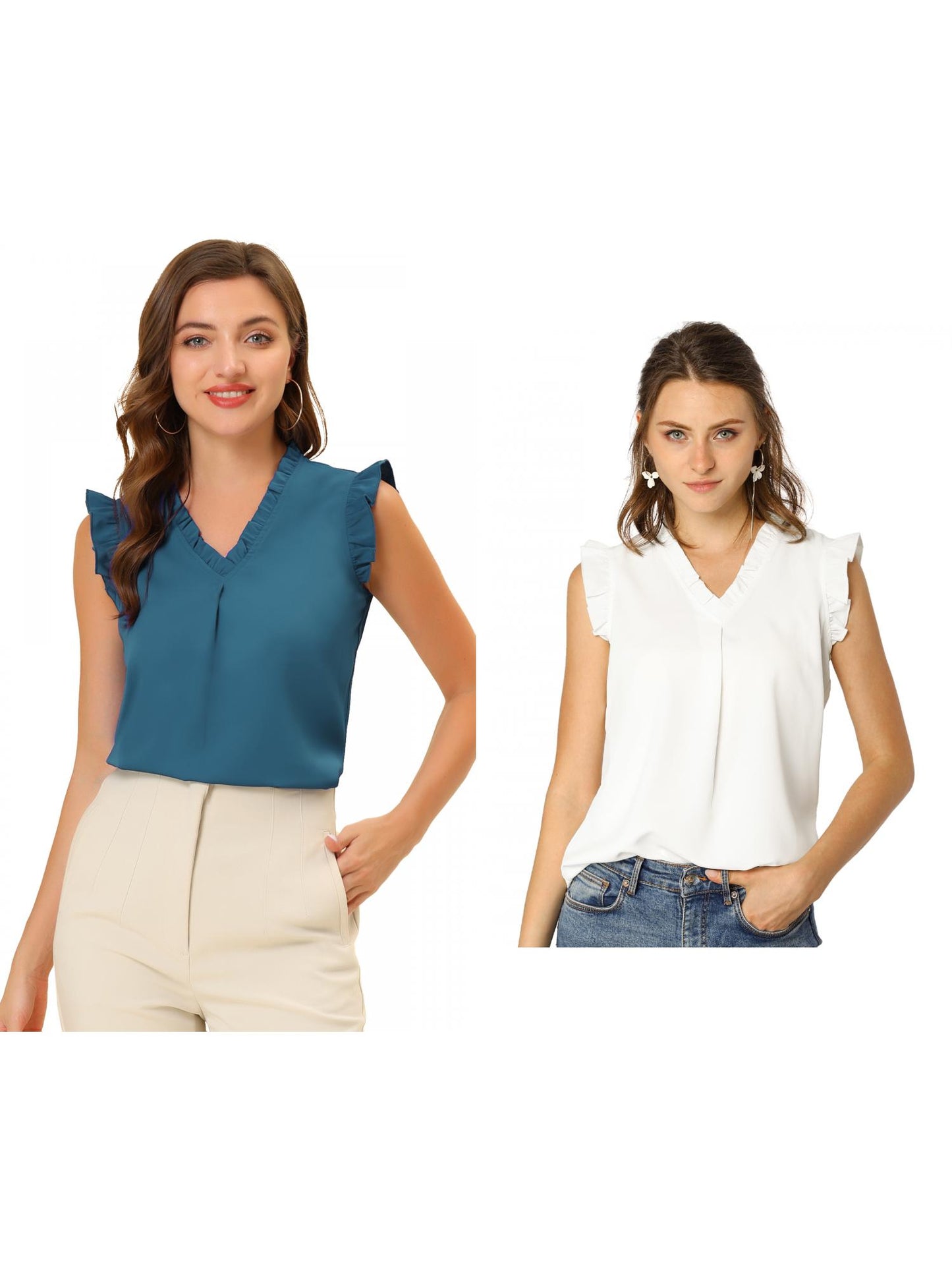 [PACK SALES] Women's 2 Pieces Ruffled Sleeveless Pullover V-Neck Work Blouses