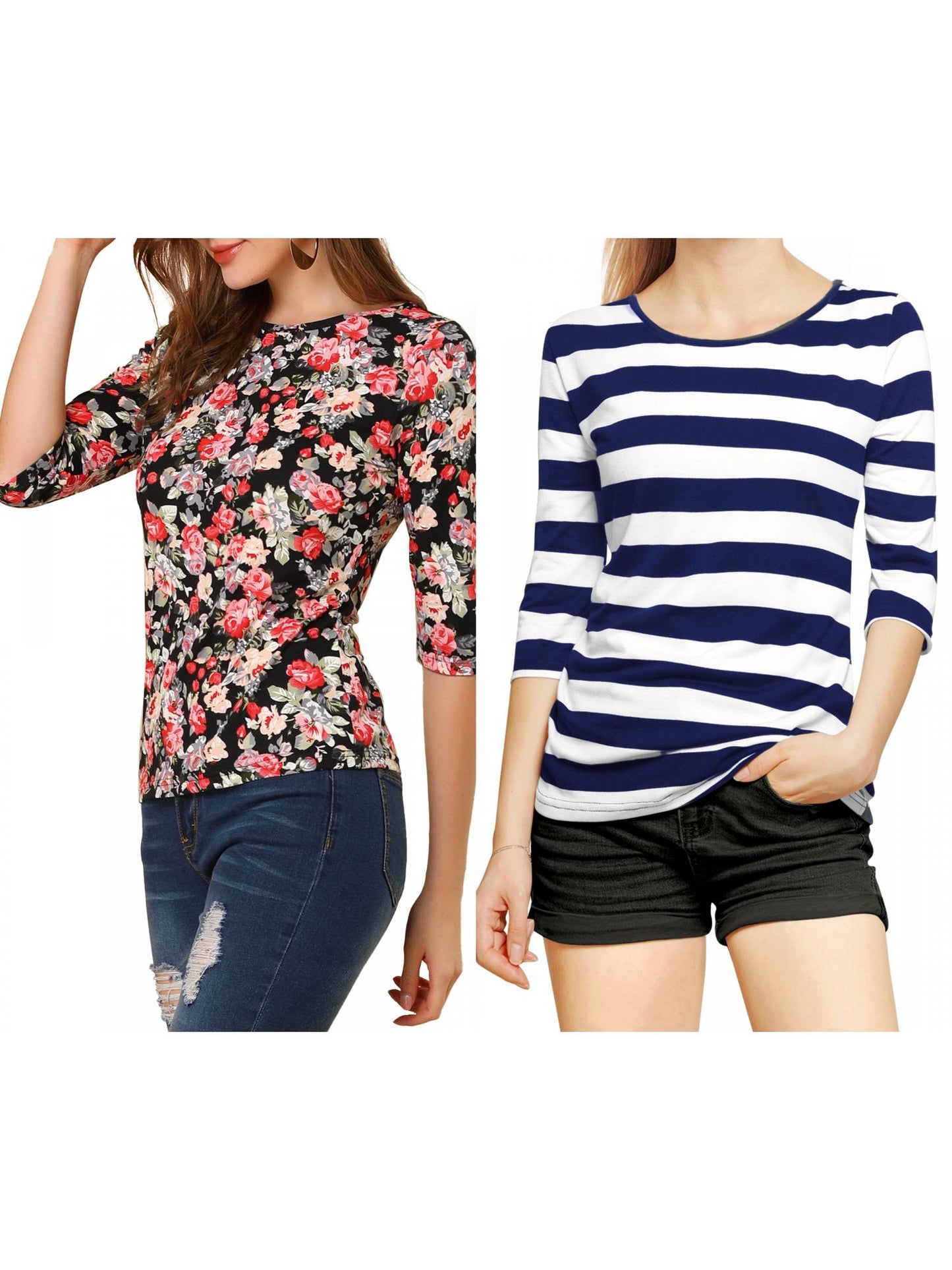 [PACK SALES] Women's 2 Pieces Round Neck Elbow Sleeves Casual T-Shirt