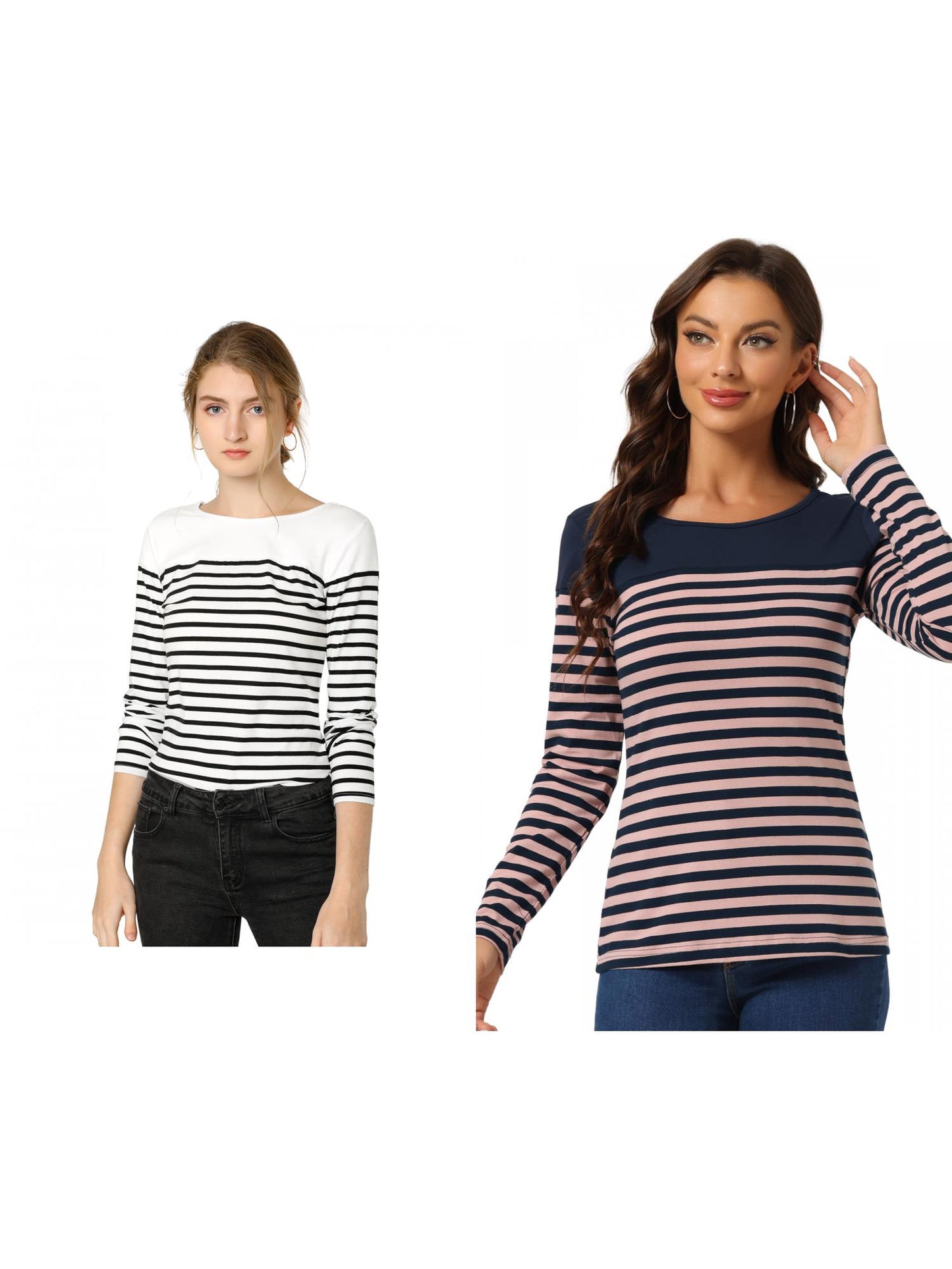 [PACK SALES] Women's 2 Pieces Color Block Long Sleeve Striped Causal T-Shirt