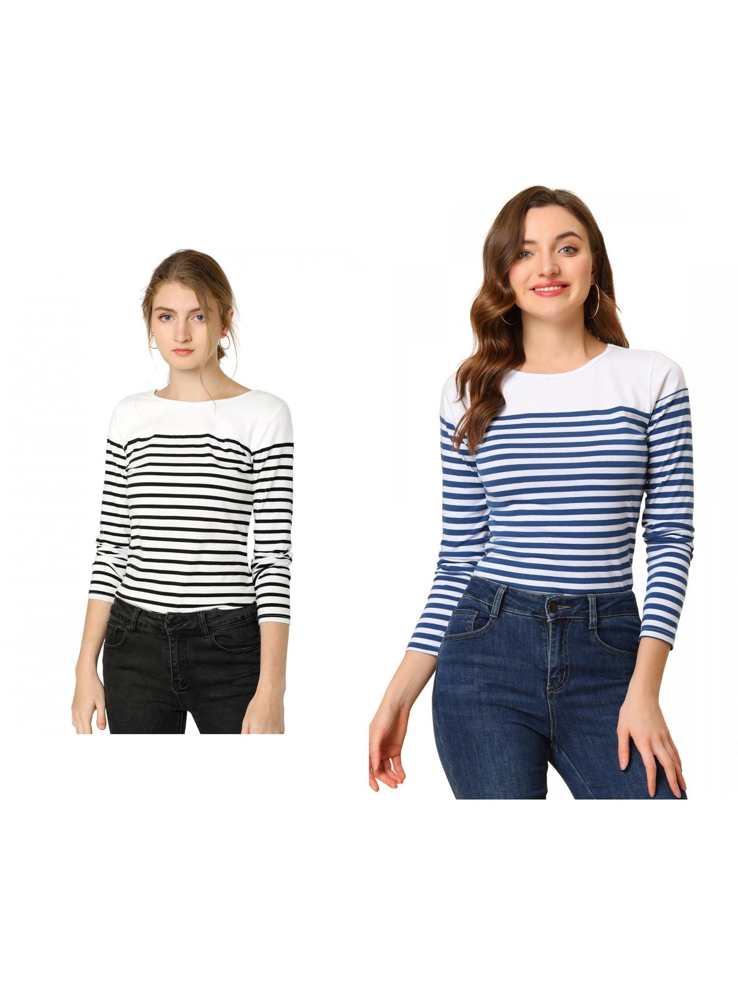 [PACK SALES] Women's 2 Pieces Color Block Long Sleeve Striped Causal T-Shirt