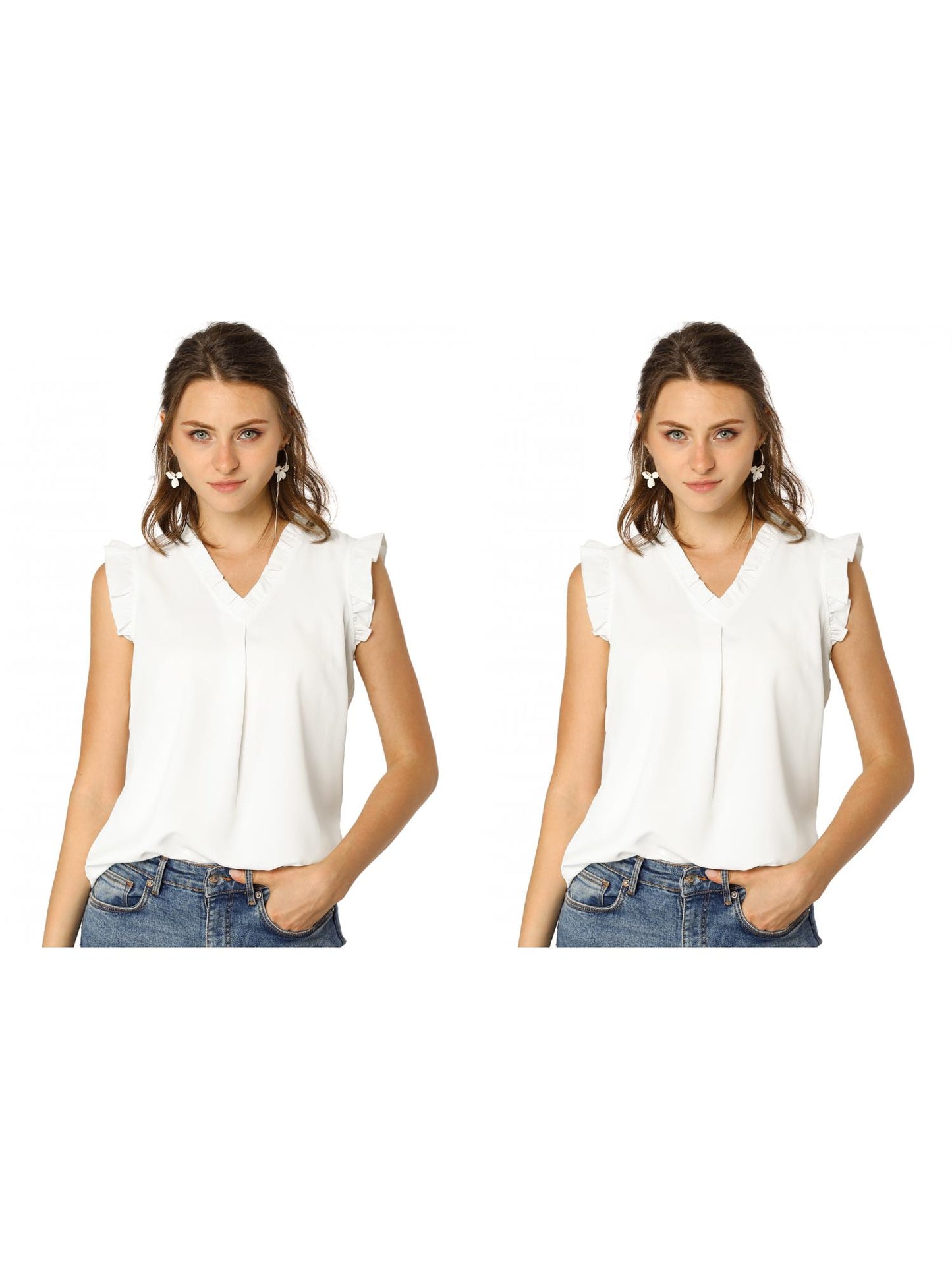 [PACK SALES] Women's 2 Pieces Ruffled Sleeveless Pullover V-Neck Work Blouses