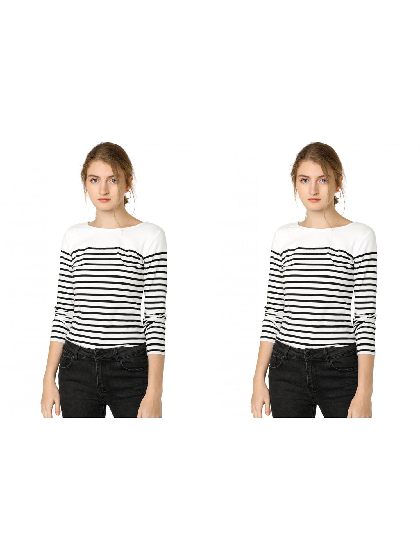 [PACK SALES] Women's 2 Pieces Color Block Long Sleeve Striped Causal T-Shirt