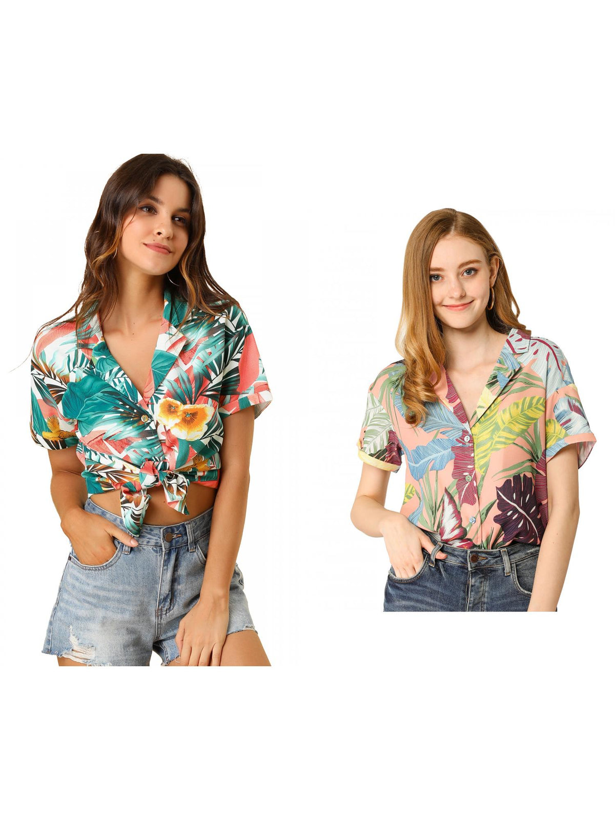 [PACK SALES] Women's 2 Pieces Hawaiian Beach Tropical Floral Leaves Button Down Shirt