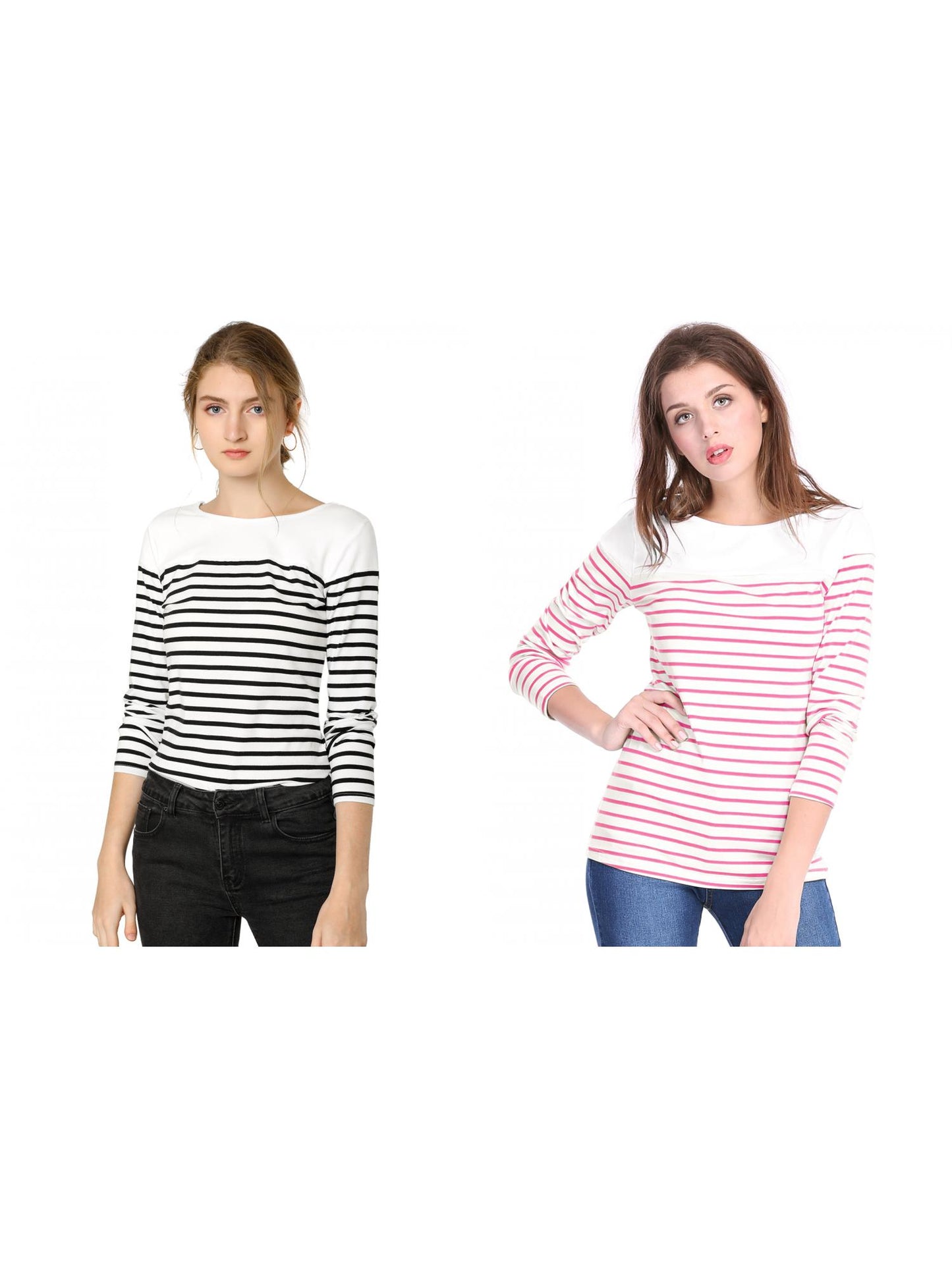 [PACK SALES] Women's 2 Pieces Color Block Long Sleeve Striped Causal T-Shirt