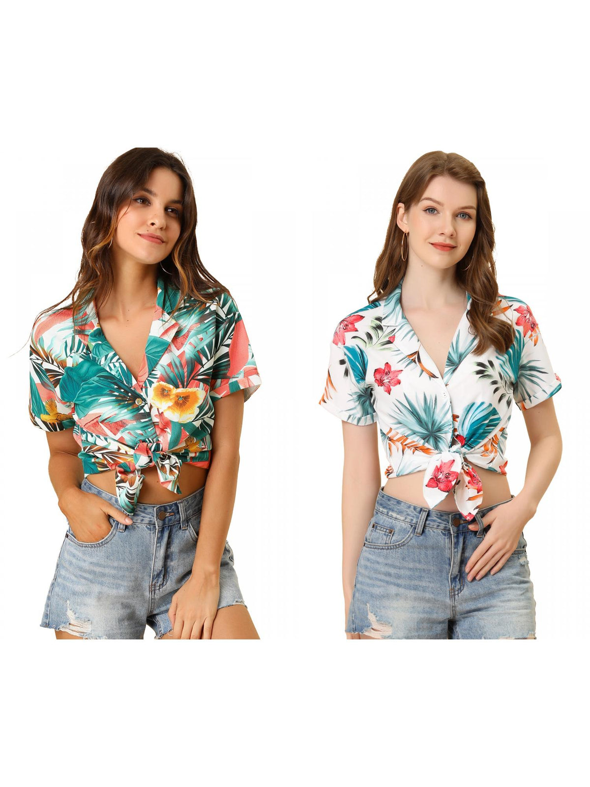[PACK SALES] Women's 2 Pieces Hawaiian Beach Tropical Floral Leaves Button Down Shirt
