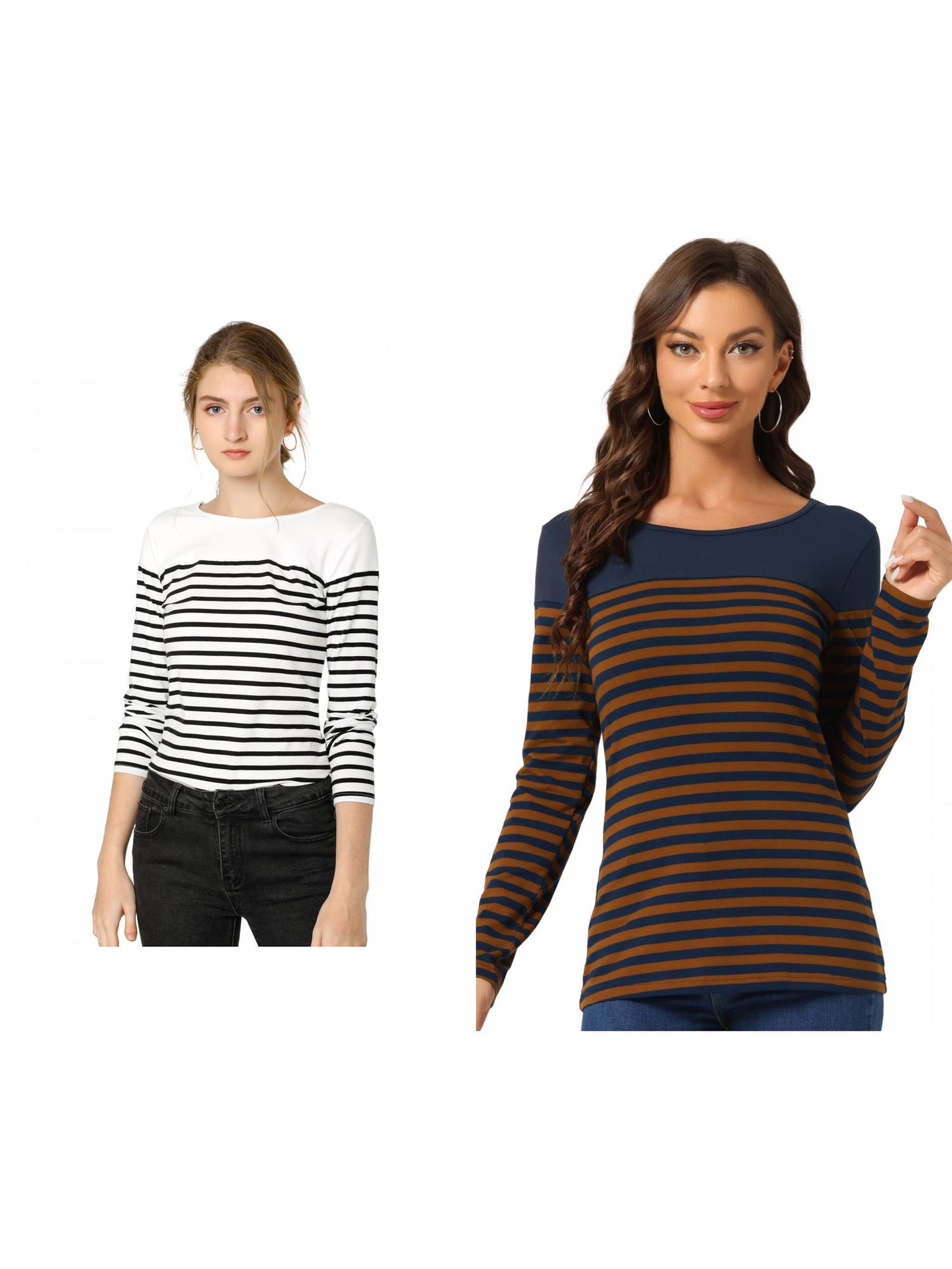 [PACK SALES] Women's 2 Pieces Color Block Long Sleeve Striped Causal T-Shirt