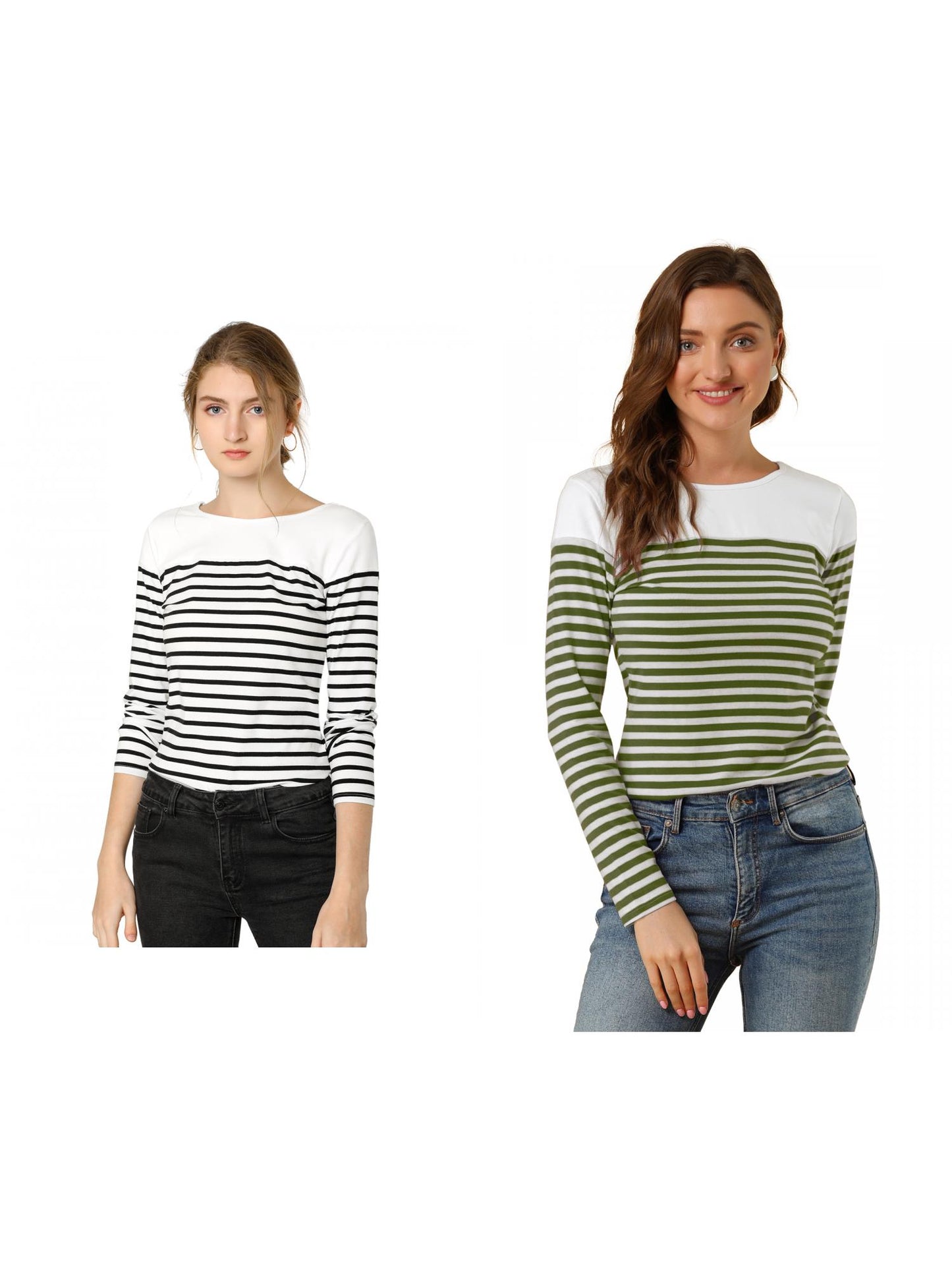 [PACK SALES] Women's 2 Pieces Color Block Long Sleeve Striped Causal T-Shirt