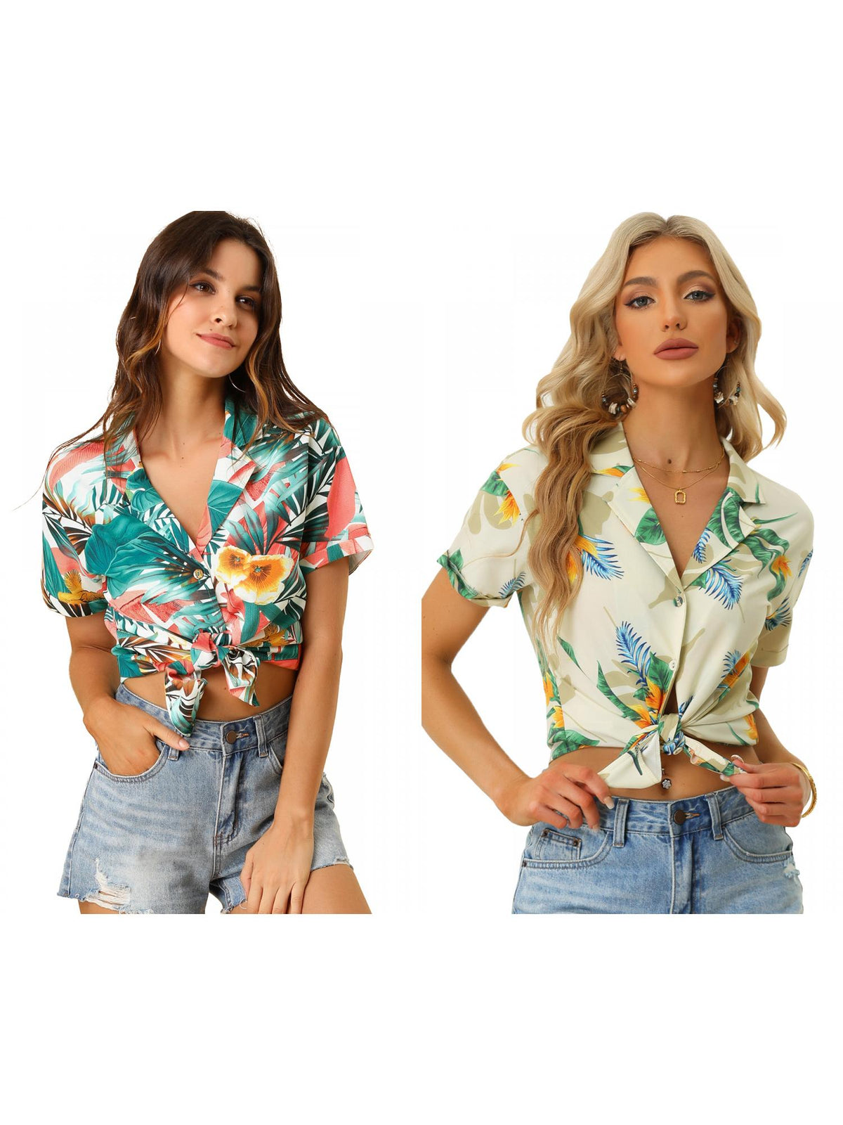 [PACK SALES] Women's 2 Pieces Hawaiian Beach Tropical Floral Leaves Button Down Shirt