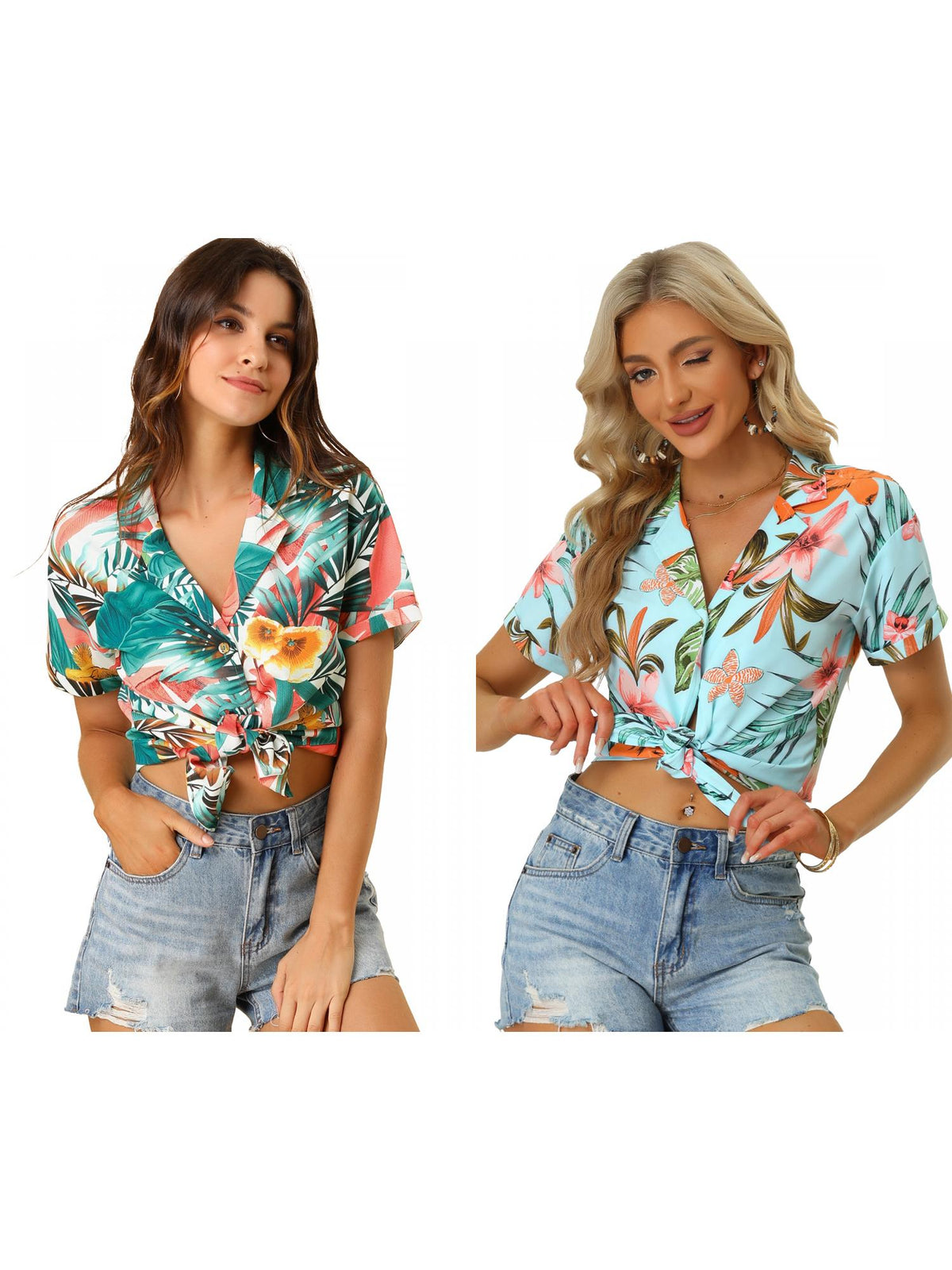 [PACK SALES] Women's 2 Pieces Hawaiian Beach Tropical Floral Leaves Button Down Shirt