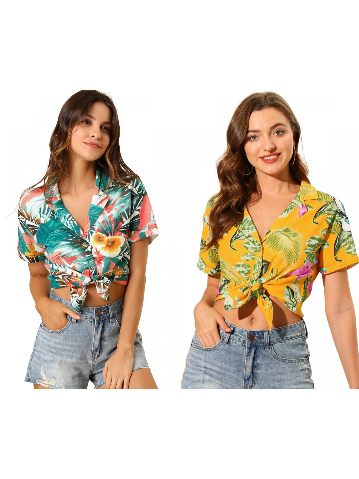 [PACK SALES] Women's 2 Pieces Hawaiian Beach Tropical Floral Leaves Button Down Shirt