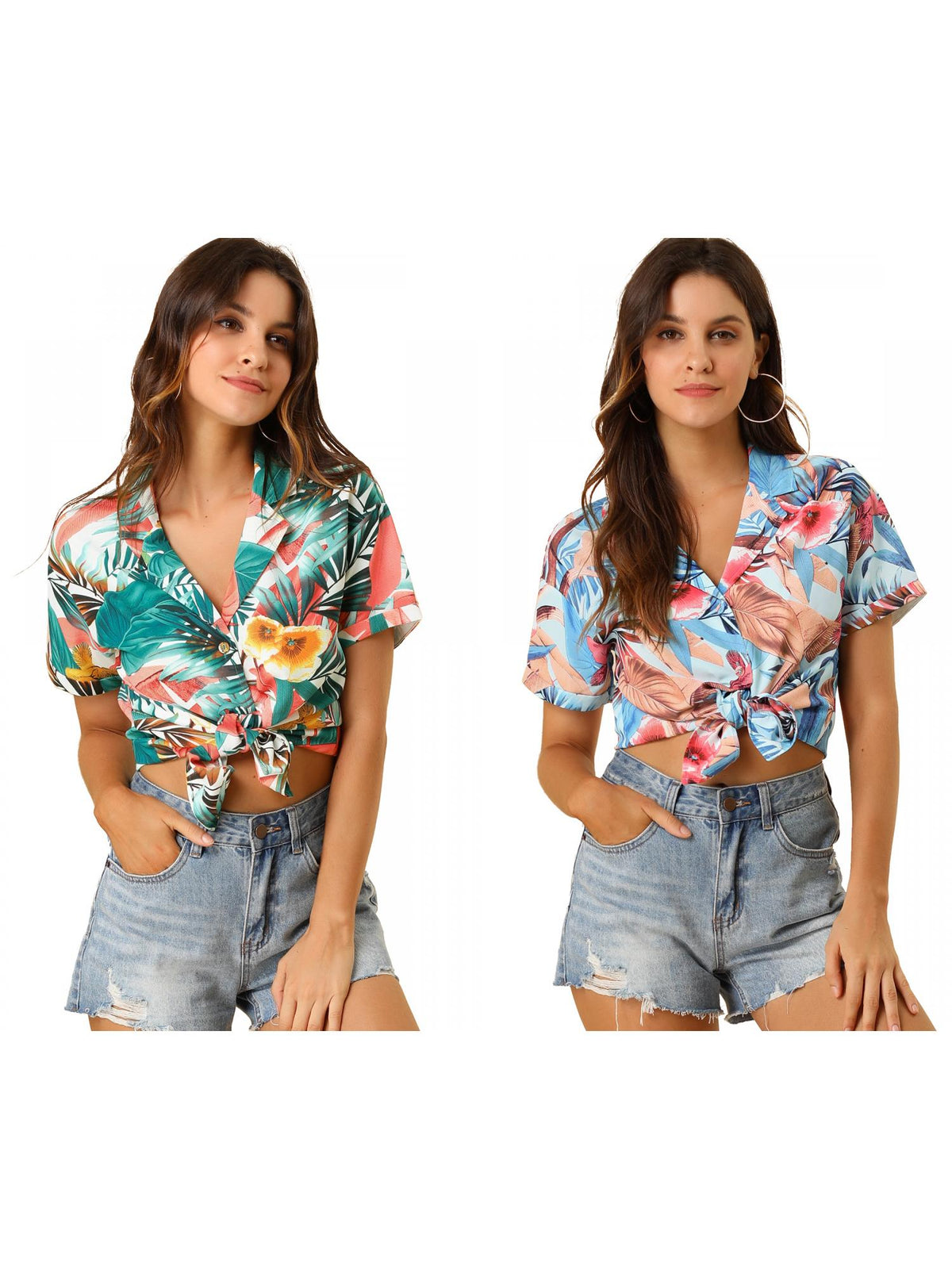 [PACK SALES] Women's 2 Pieces Hawaiian Beach Tropical Floral Leaves Button Down Shirt