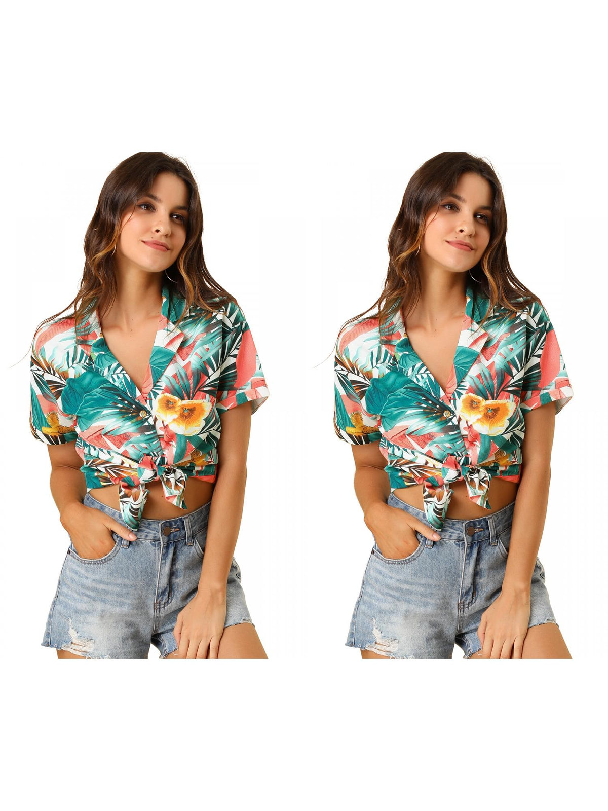 [PACK SALES] Women's 2 Pieces Hawaiian Beach Tropical Floral Leaves Button Down Shirt