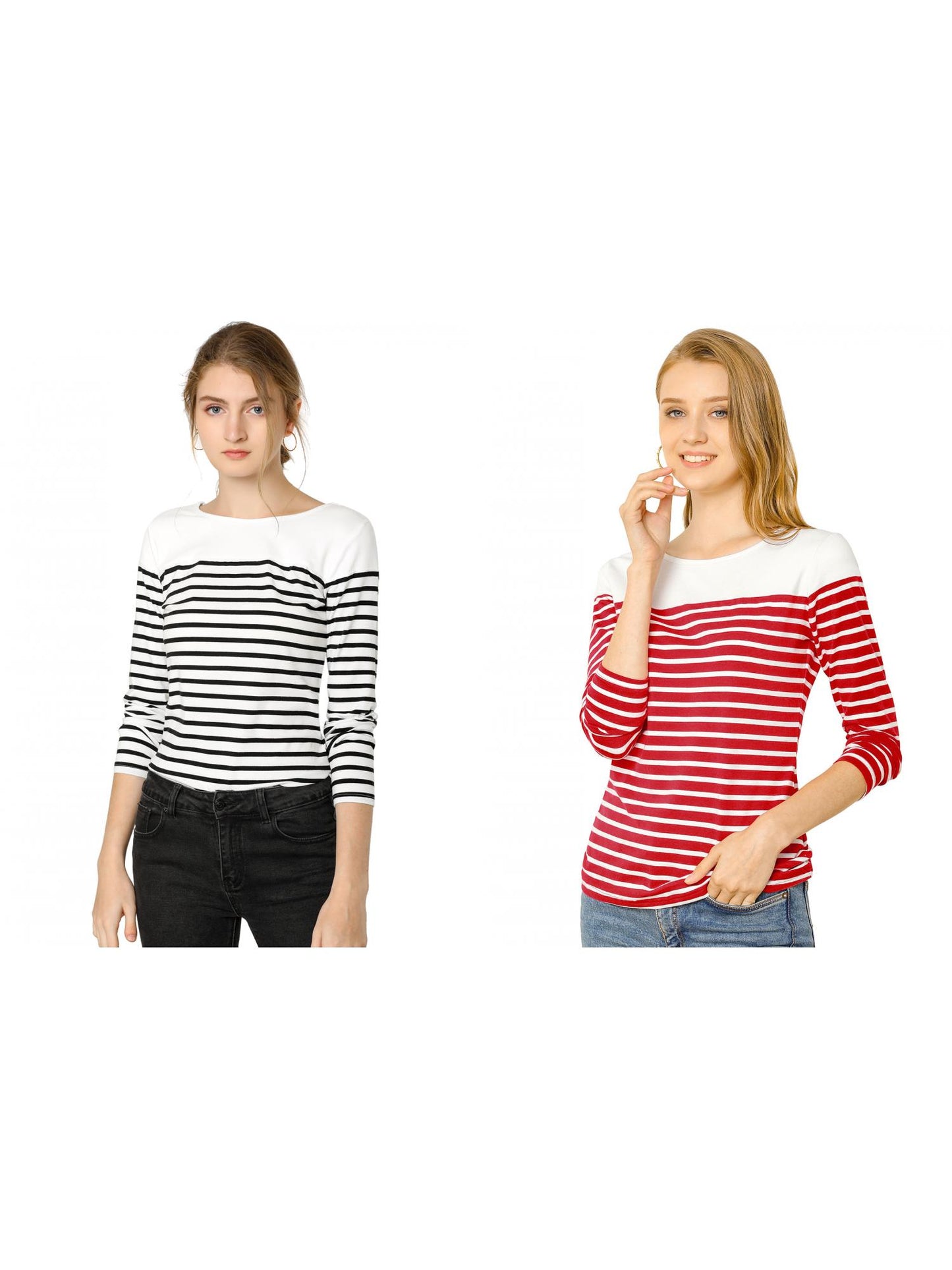 [PACK SALES] Women's 2 Pieces Color Block Long Sleeve Striped Causal T-Shirt