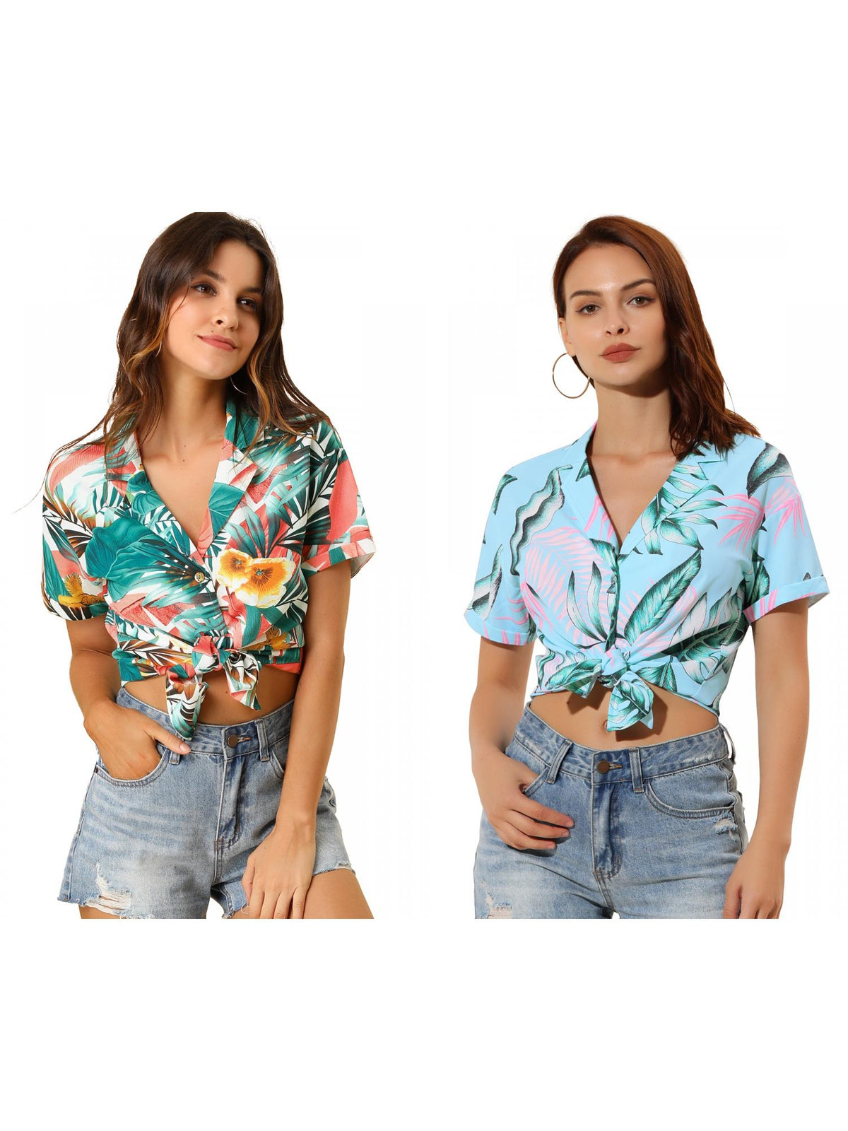 [PACK SALES] Women's 2 Pieces Hawaiian Beach Tropical Floral Leaves Button Down Shirt