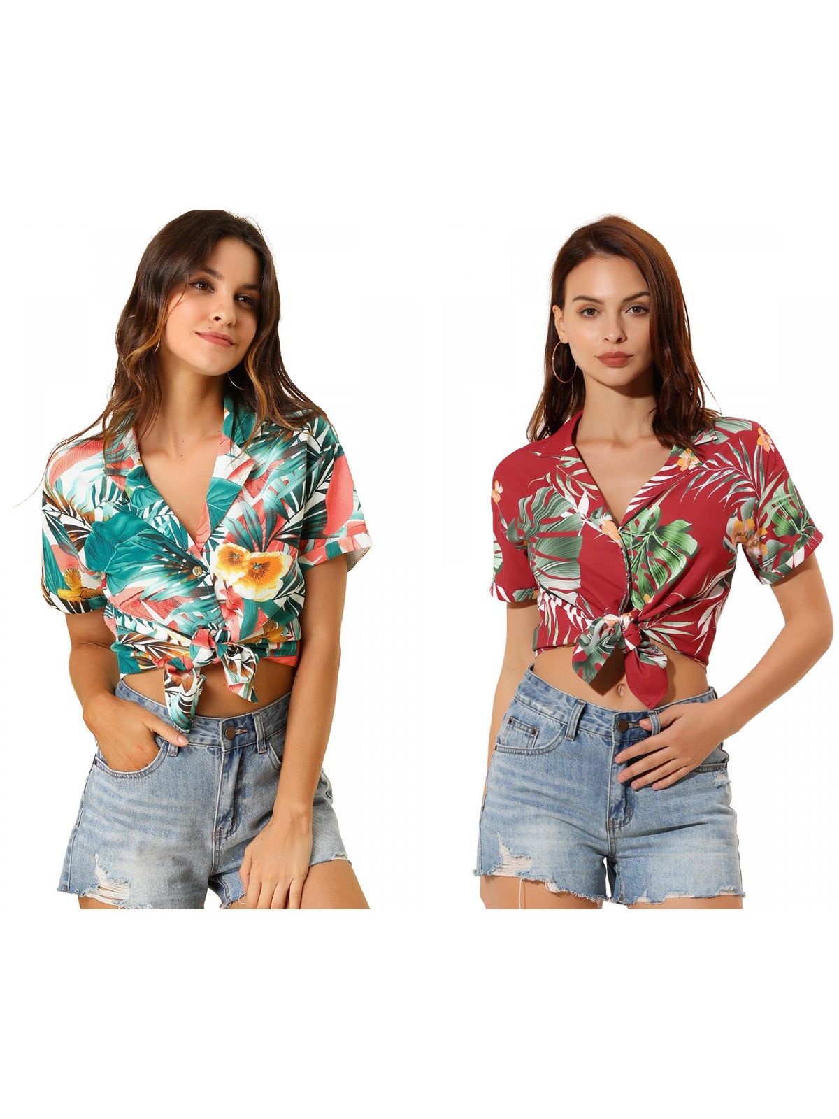 [PACK SALES] Women's 2 Pieces Hawaiian Beach Tropical Floral Leaves Button Down Shirt