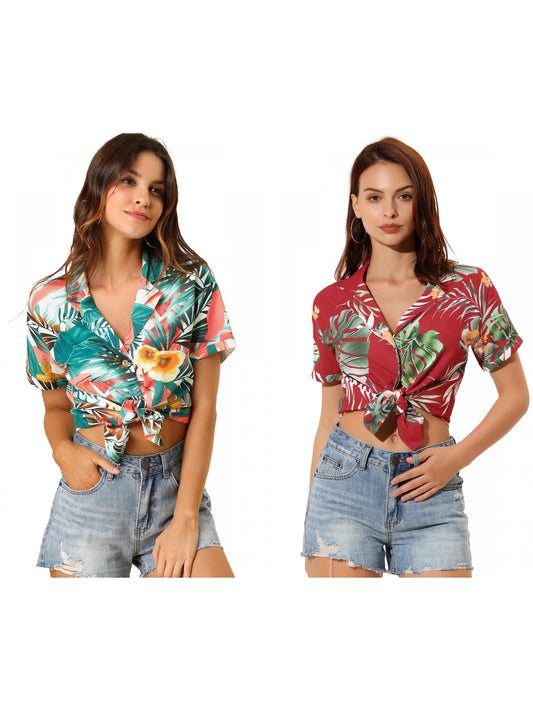 [PACK SALES] Women's 2 Pieces Hawaiian Beach Tropical Floral Leaves Button Down Shirt