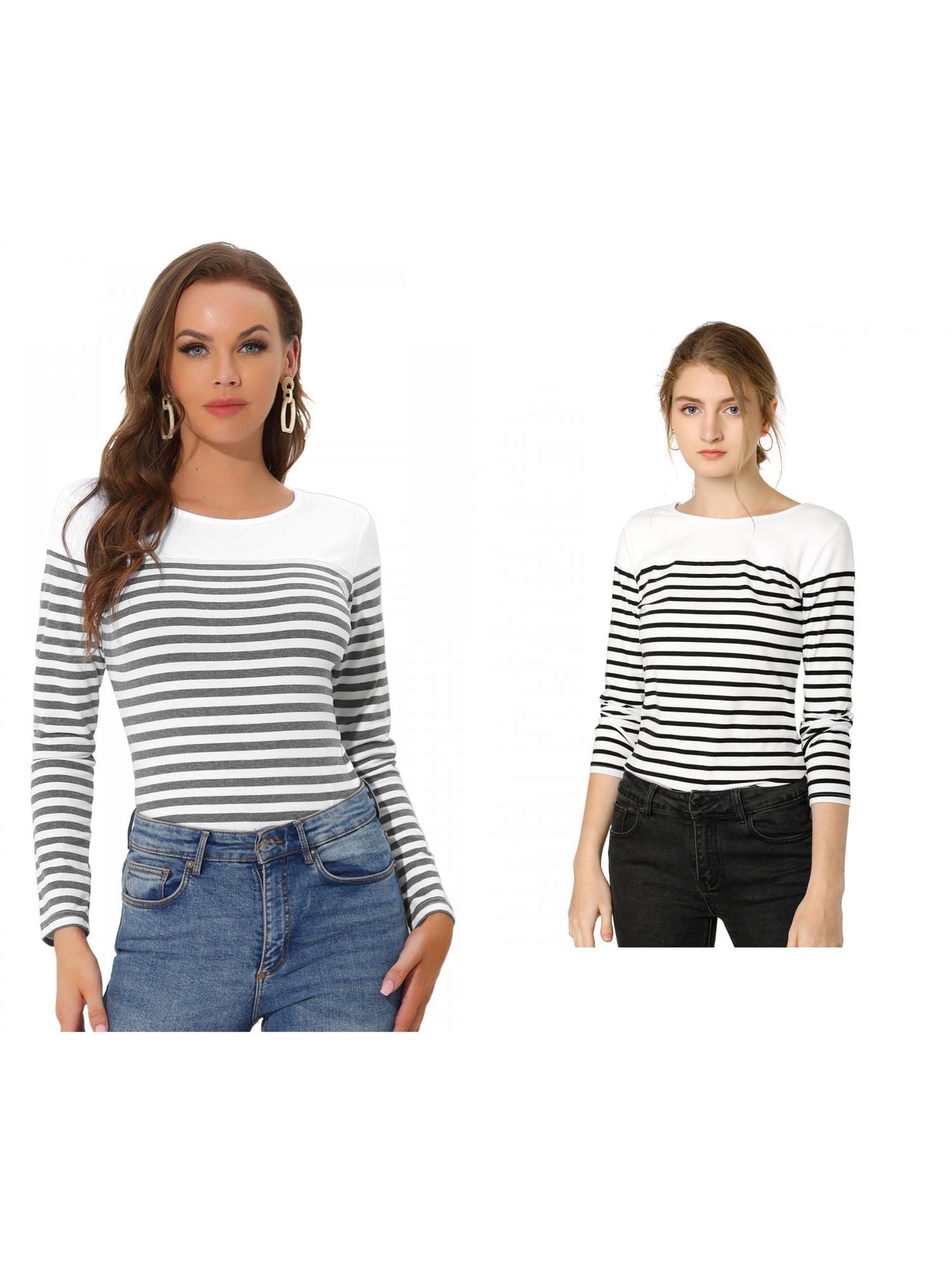 [PACK SALES] Women's 2 Pieces Color Block Long Sleeve Striped Causal T-Shirt
