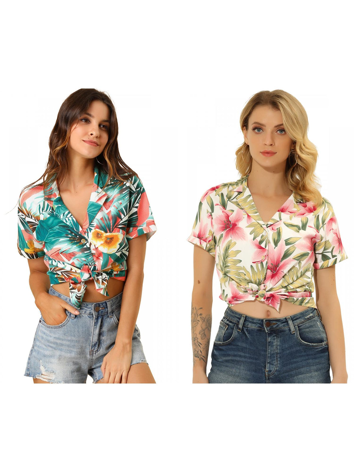 [PACK SALES] Women's 2 Pieces Hawaiian Beach Tropical Floral Leaves Button Down Shirt