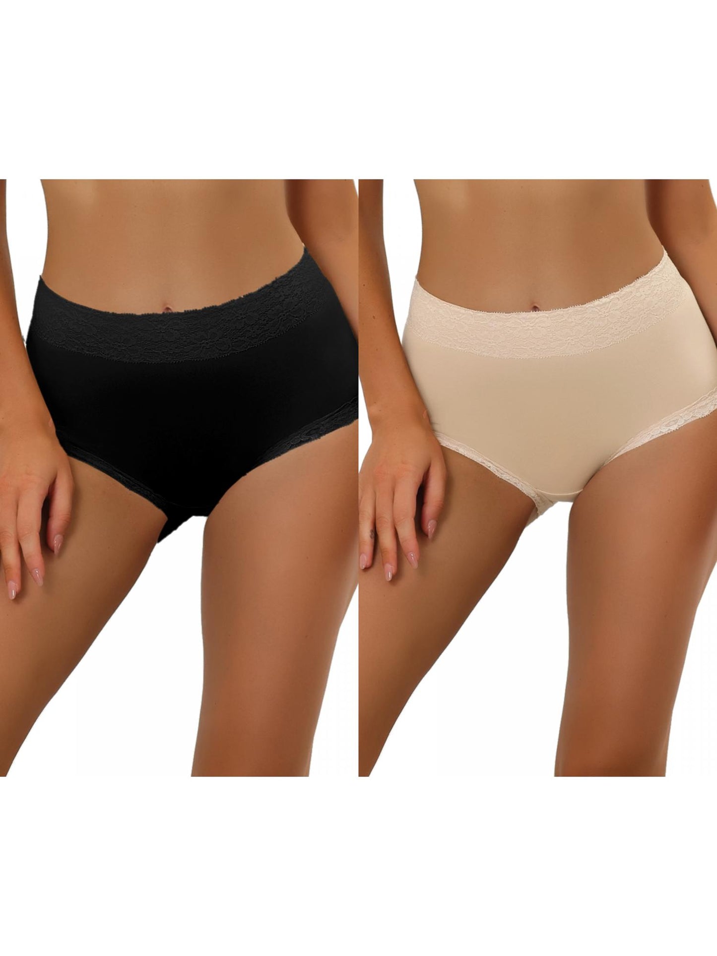[PACK SALES] Women's 2 Pieces Cotton Underwear High-Rise Lace Trim Full Coverage Brief
