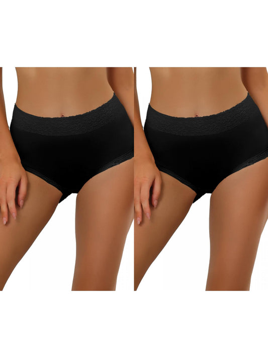 [PACK SALES] Women's 2 Pieces Cotton Underwear High-Rise Lace Trim Full Coverage Brief