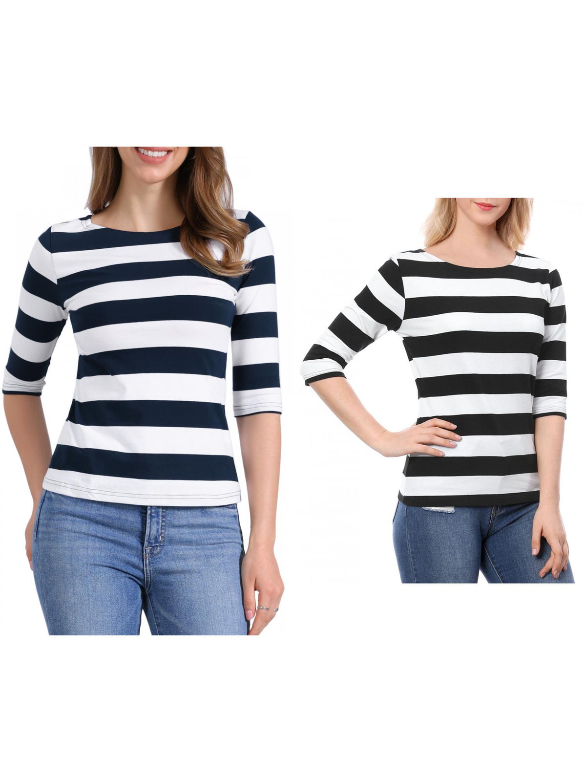 [PACK SALES] Women's 2 Pieces Boat Neck Elbow Sleeves Slim Fit Stripes T-Shirt