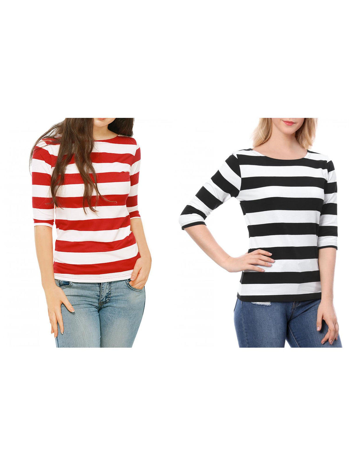 [PACK SALES] Women's 2 Pieces Boat Neck Elbow Sleeves Slim Fit Stripes T-Shirt