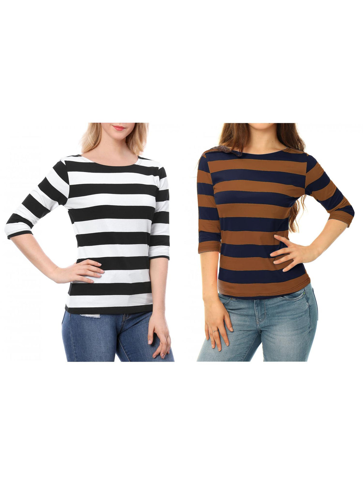 [PACK SALES] Women's 2 Pieces Boat Neck Elbow Sleeves Slim Fit Stripes T-Shirt