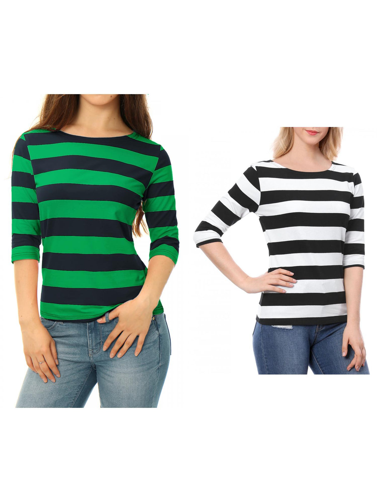 [PACK SALES] Women's 2 Pieces Boat Neck Elbow Sleeves Slim Fit Stripes T-Shirt