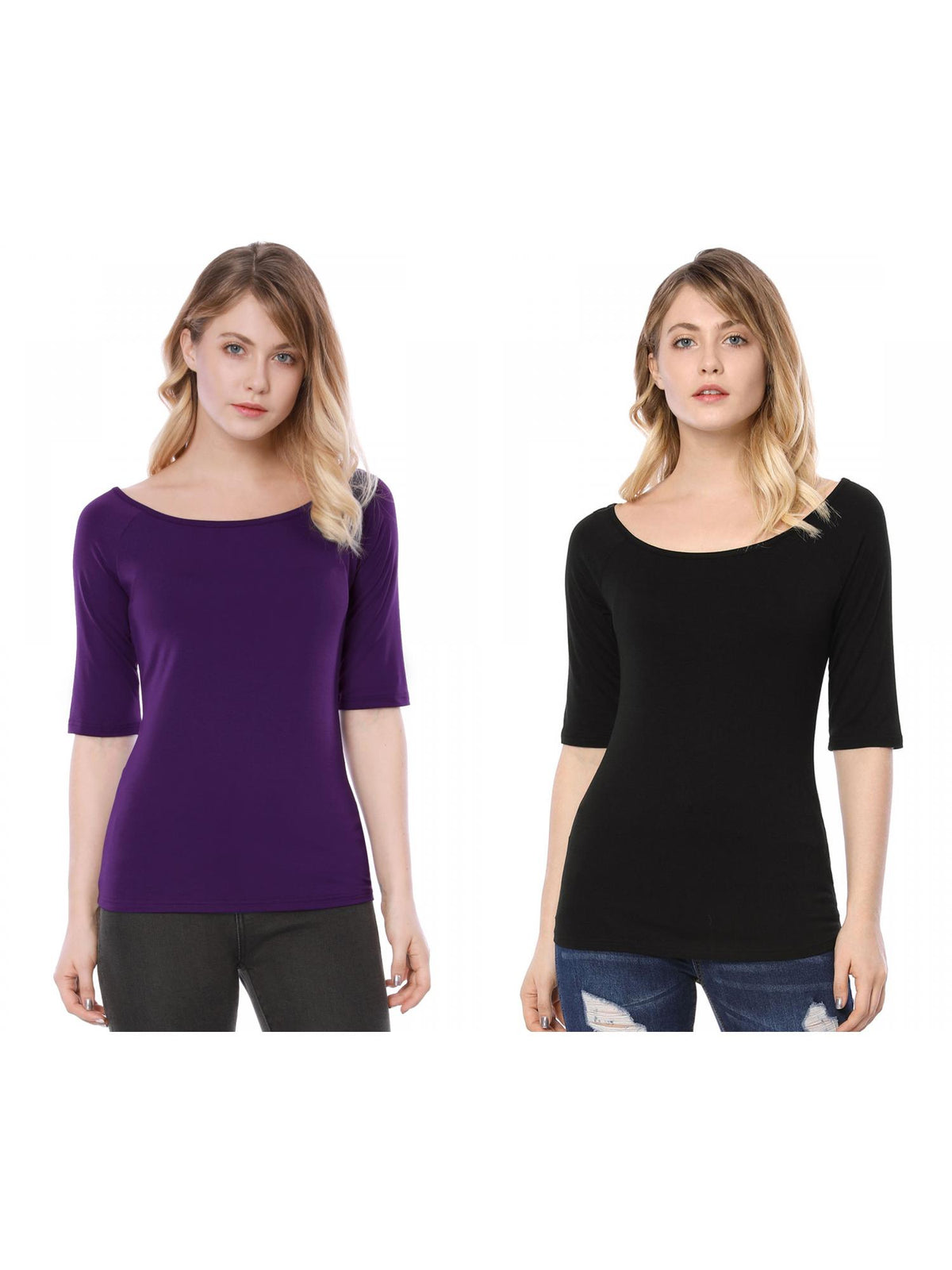 [PACK SALES] Women's 2 Pieces Half Sleeves Boat Neck Fitted Layering Top T-Shirt