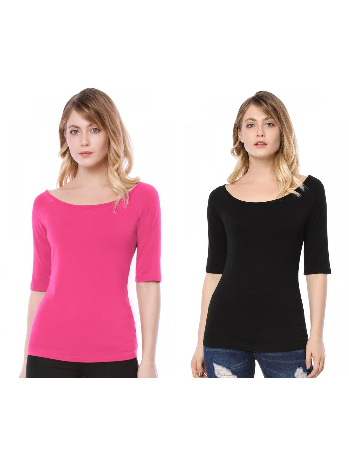 [PACK SALES] Women's 2 Pieces Half Sleeves Boat Neck Fitted Layering Top T-Shirt