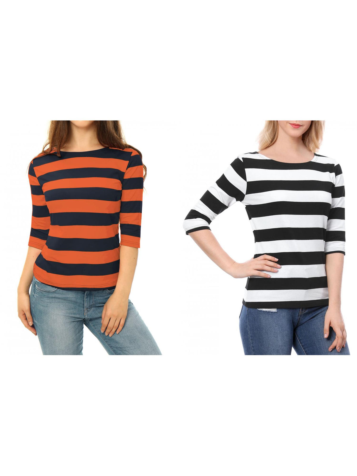 [PACK SALES] Women's 2 Pieces Boat Neck Elbow Sleeves Slim Fit Stripes T-Shirt