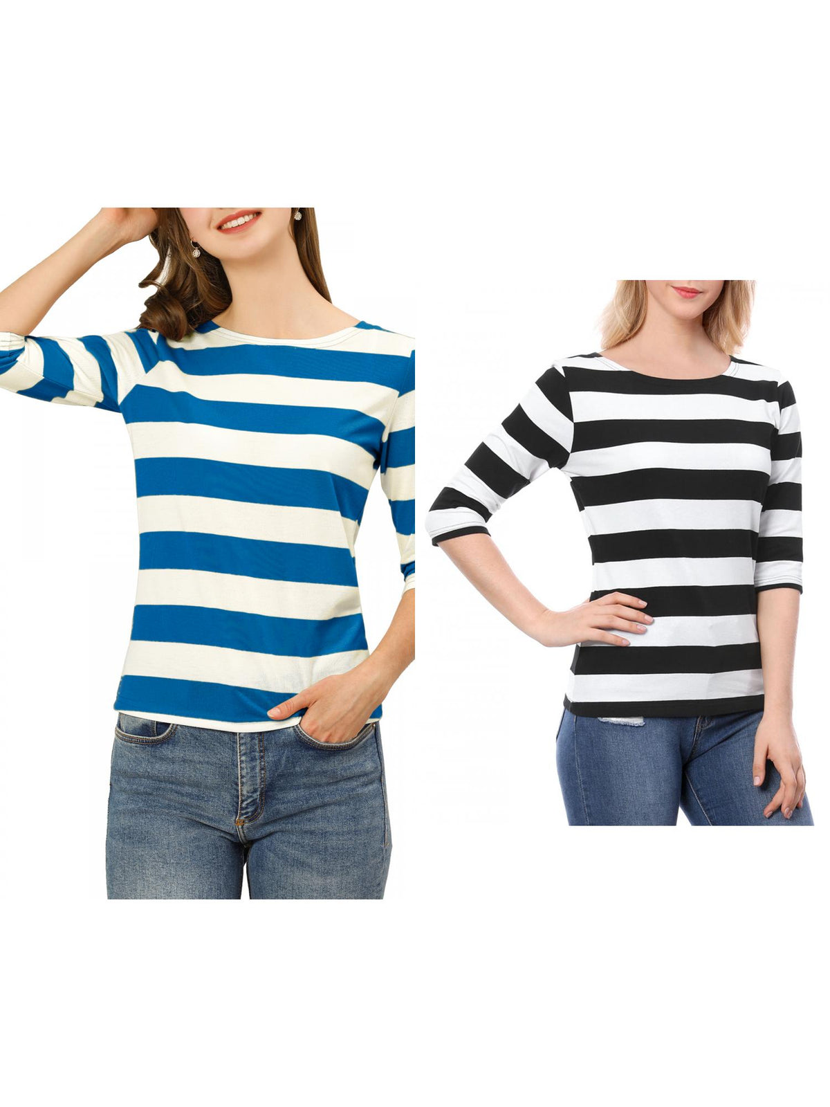 [PACK SALES] Women's 2 Pieces Boat Neck Elbow Sleeves Slim Fit Stripes T-Shirt
