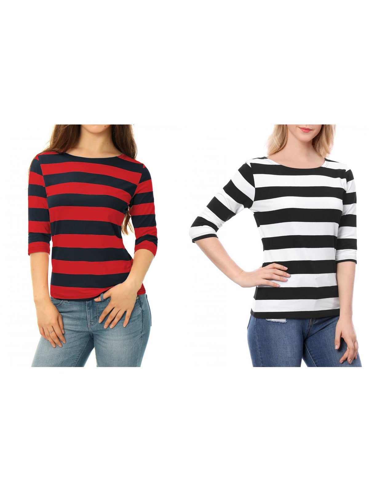 [PACK SALES] Women's 2 Pieces Boat Neck Elbow Sleeves Slim Fit Stripes T-Shirt