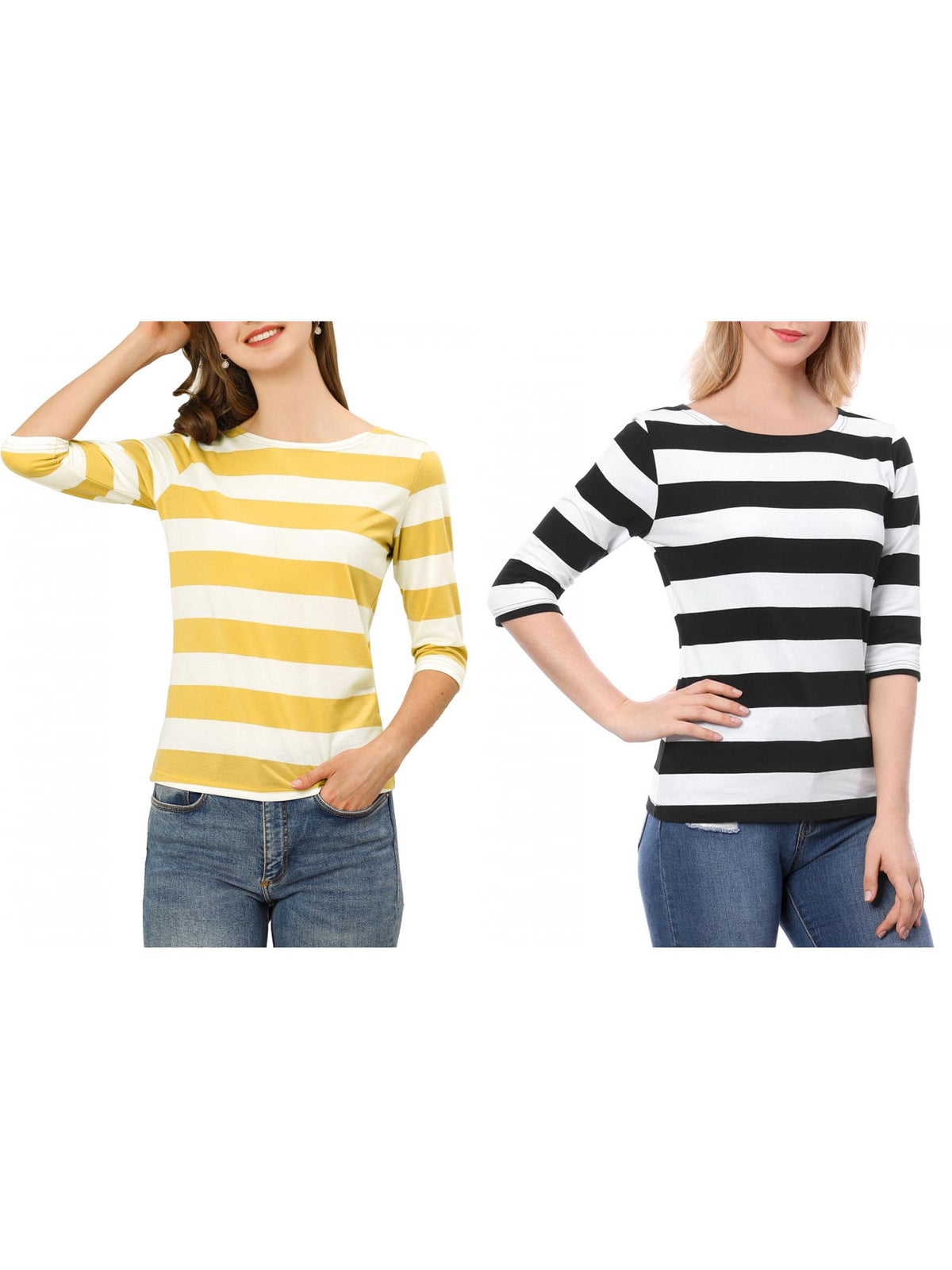 [PACK SALES] Women's 2 Pieces Boat Neck Elbow Sleeves Slim Fit Stripes T-Shirt